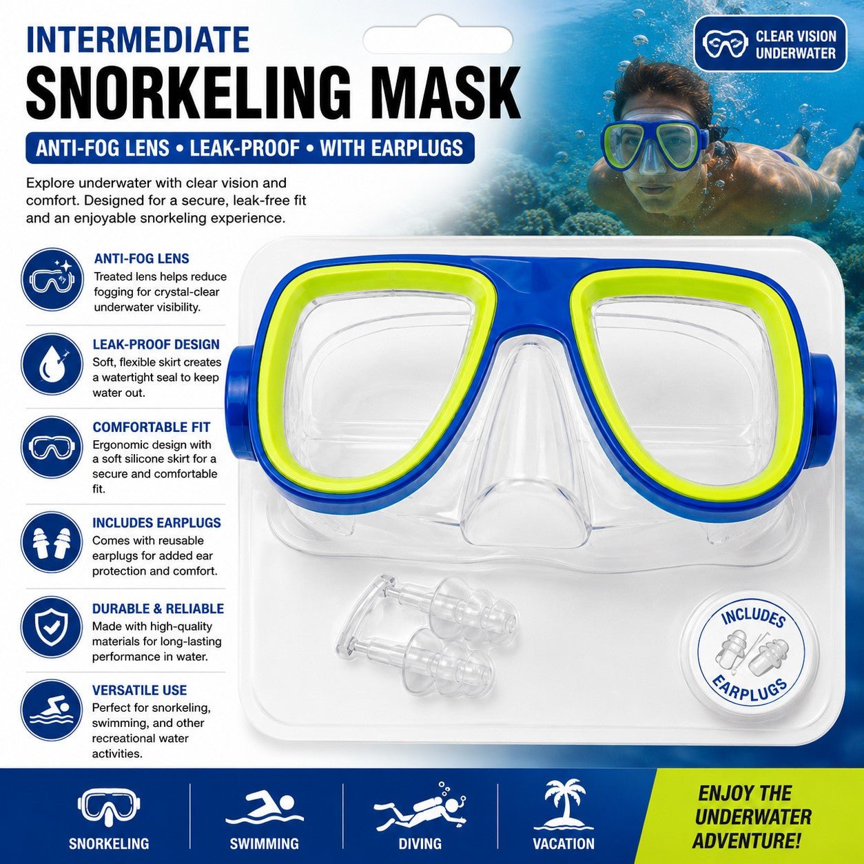 snorkeling mask set with earplugs for underwater swimming