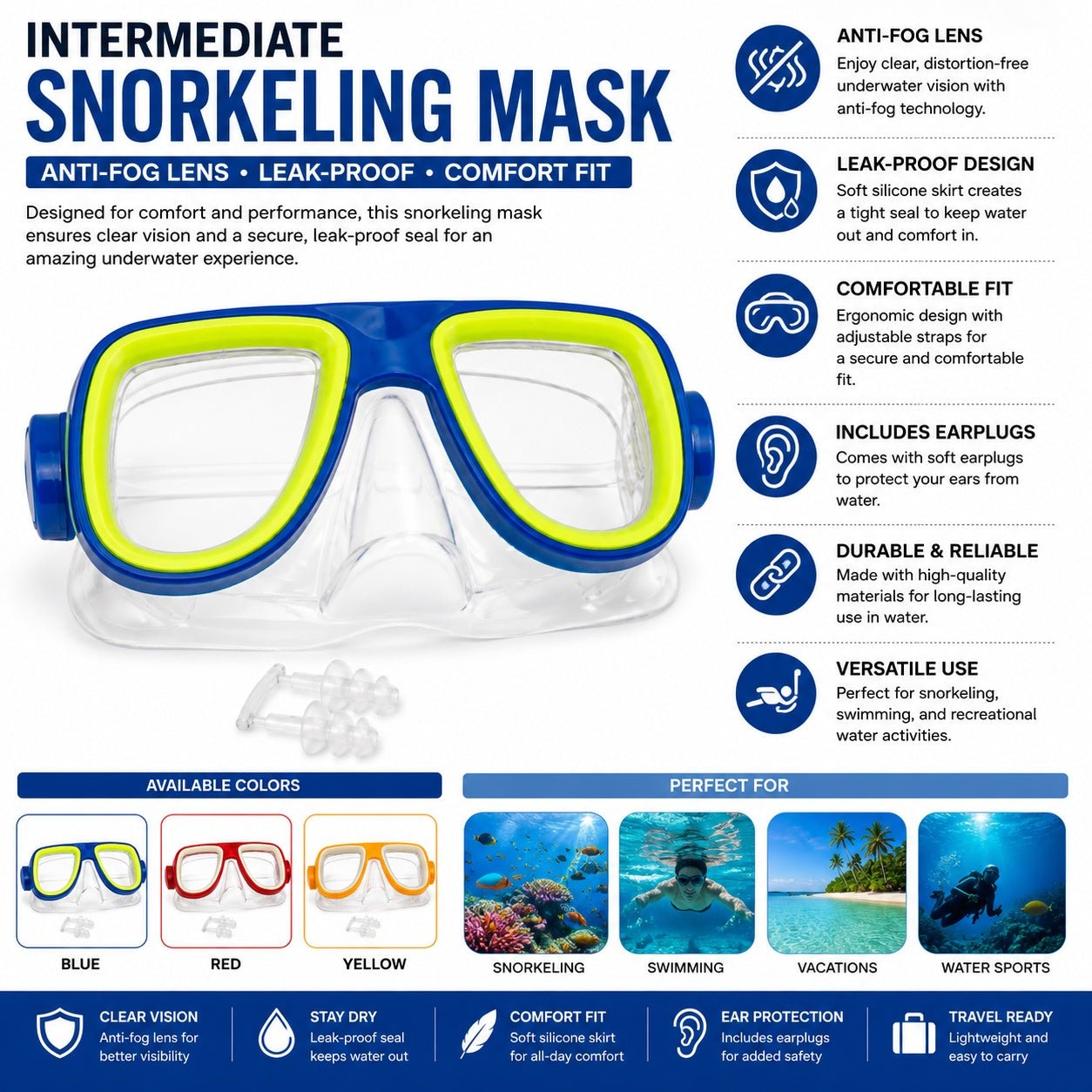 Intermediate Snorkeling Mask Anti-Fog Lens Leak-Proof with Earplugs