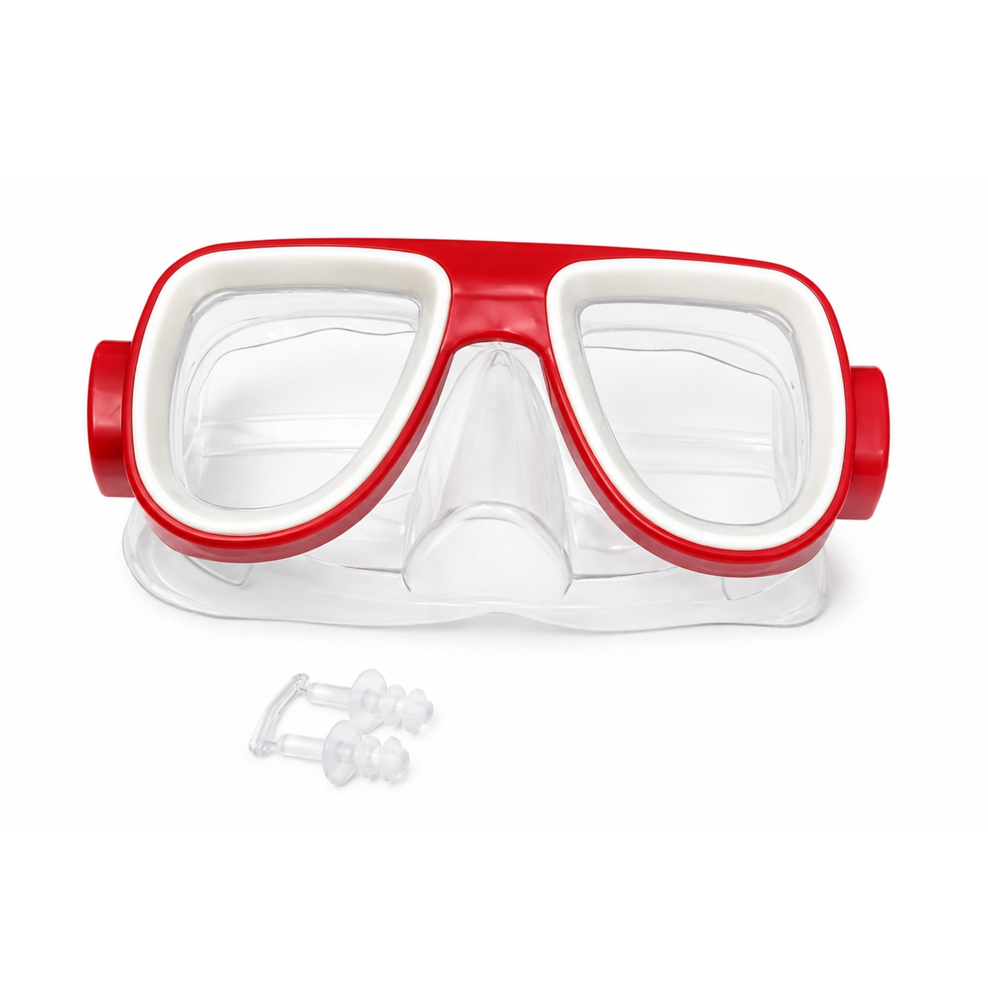 Red snorkeling mask with clear lens for swimming and diving