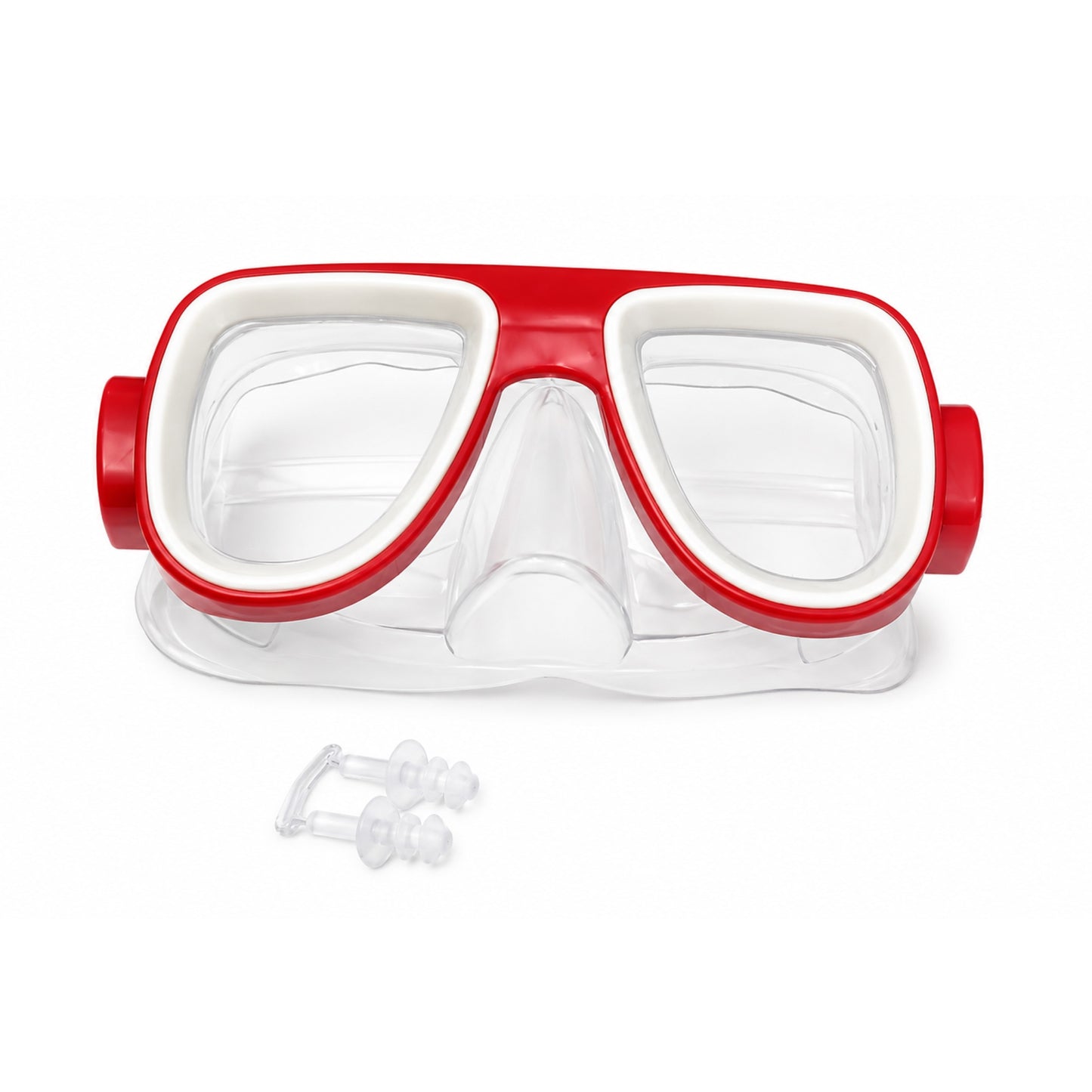Red snorkeling mask with clear lens for swimming and diving
