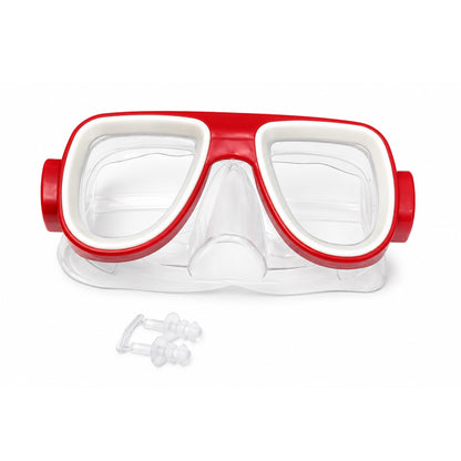 Red snorkeling mask with clear lens for swimming and diving