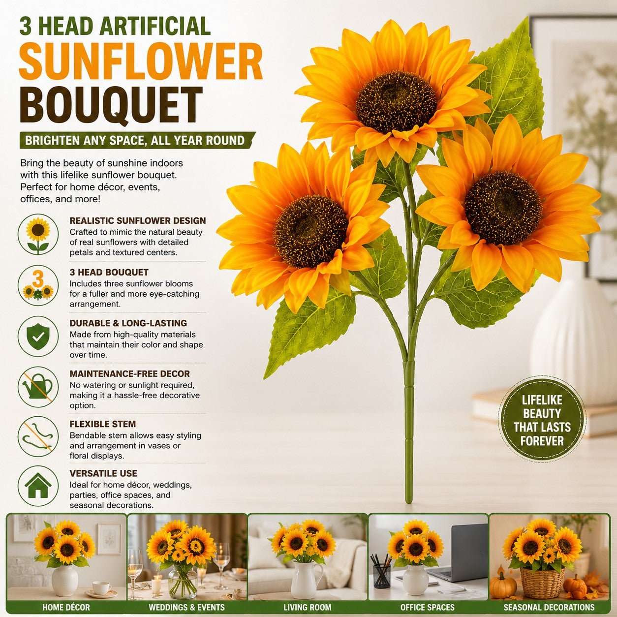 realistic sunflower artificial flowers with green leaves and stem