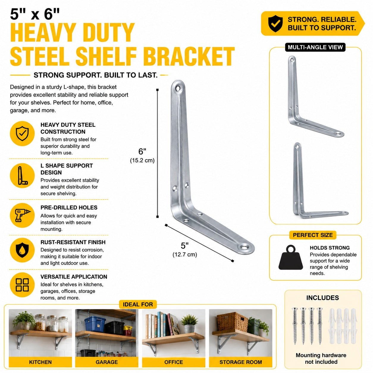 5" x 6" Heavy Duty Steel Shelf Bracket L Shape Wall Mount