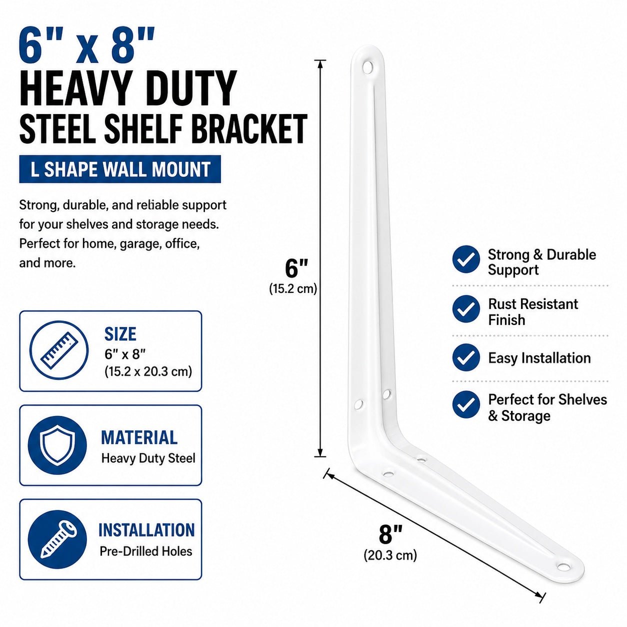 white steel shelf support bracket with pre drilled holes