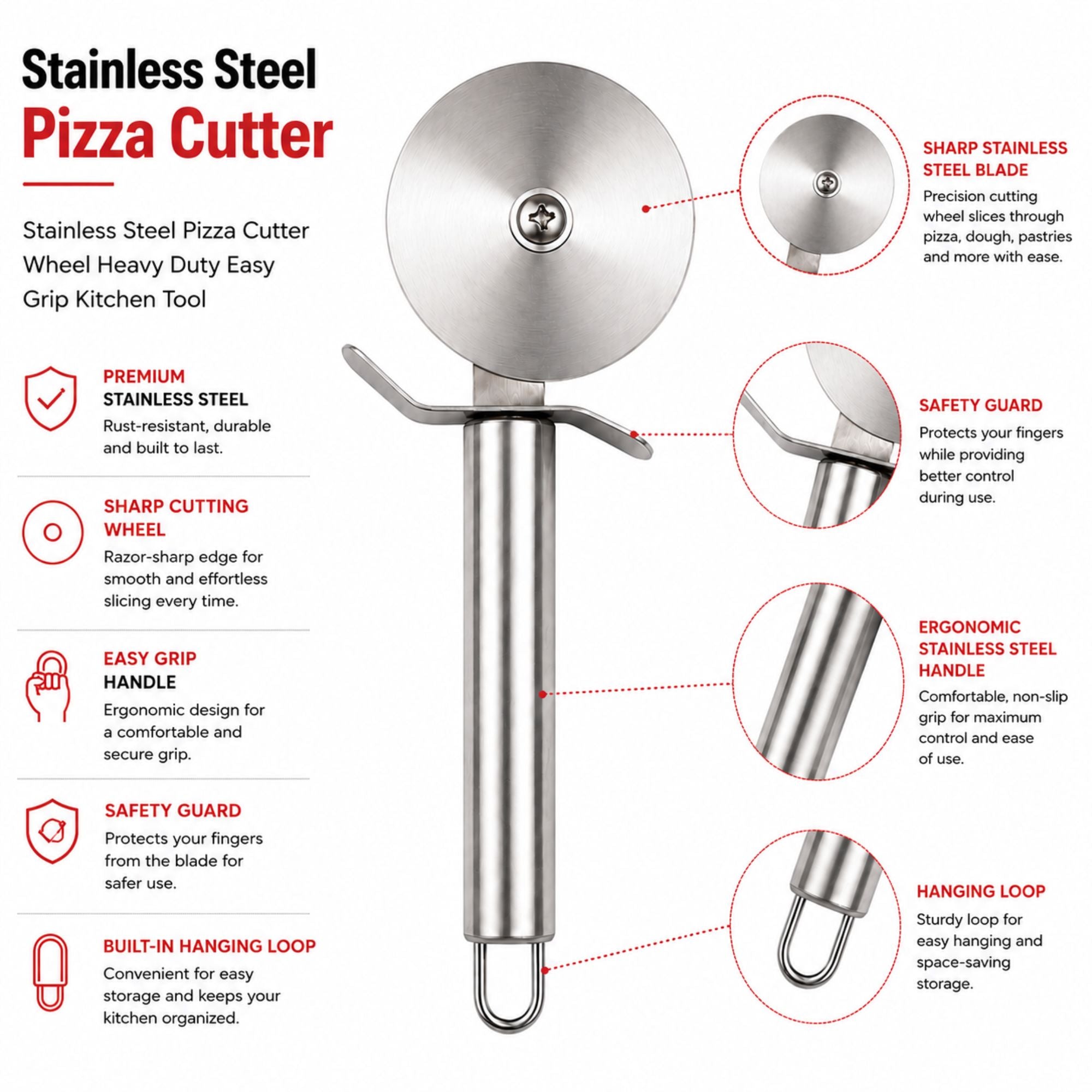 Heavy Duty Stainless Steel Pizza Cutter with Easy Grip
