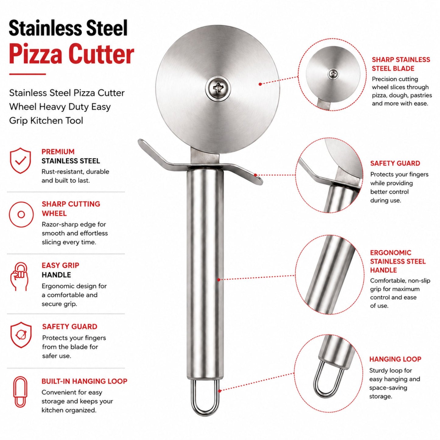 Heavy Duty Stainless Steel Pizza Cutter with Easy Grip