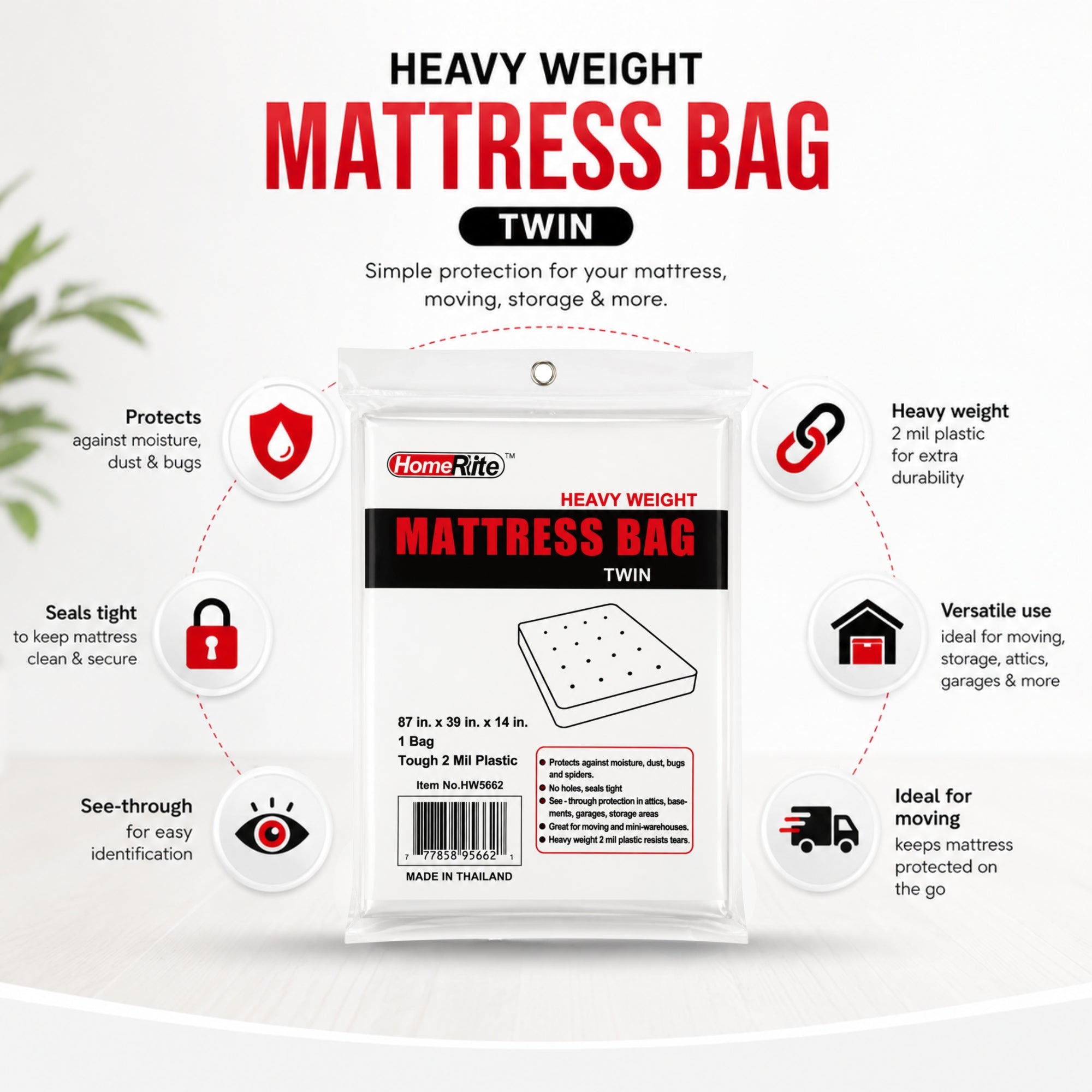 87" x 39" Twin Mattress Plastic Storage Protection Bag