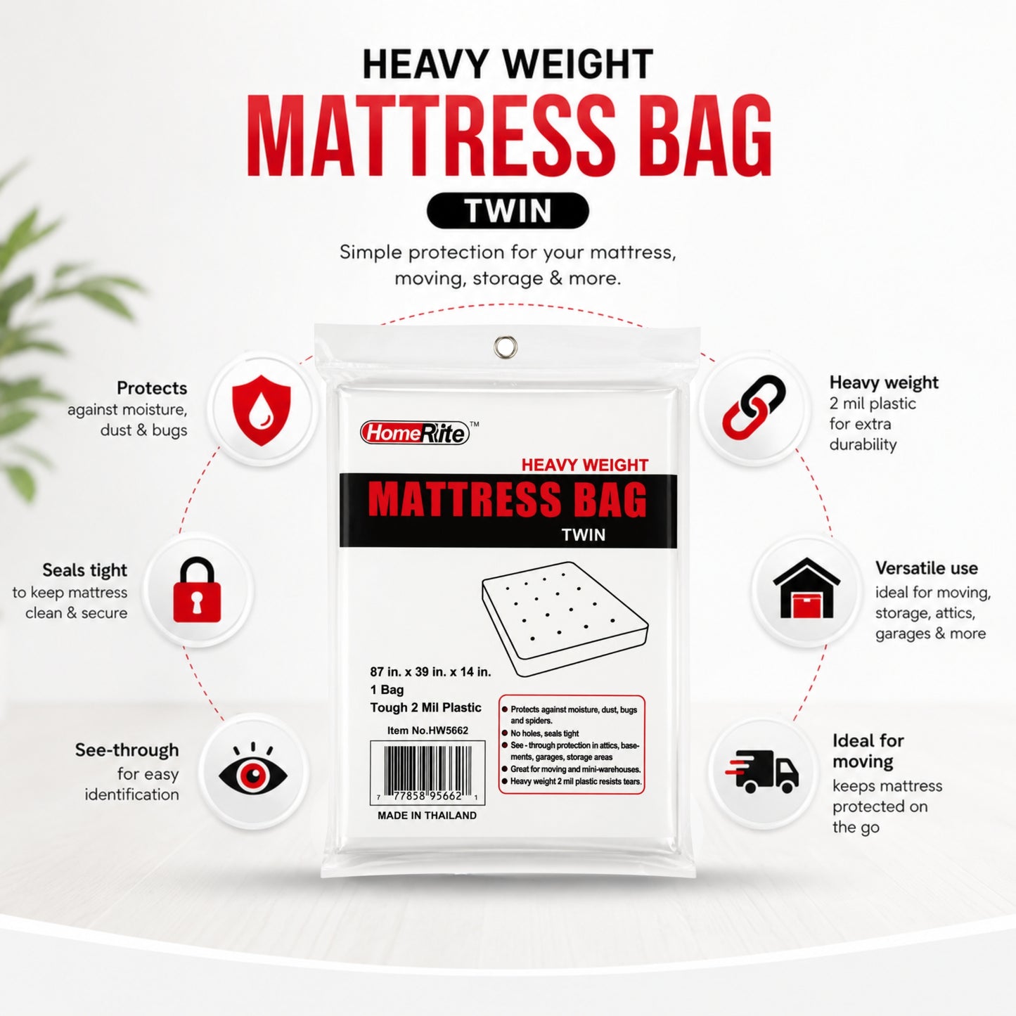 87" x 39" Twin Mattress Plastic Storage Protection Bag