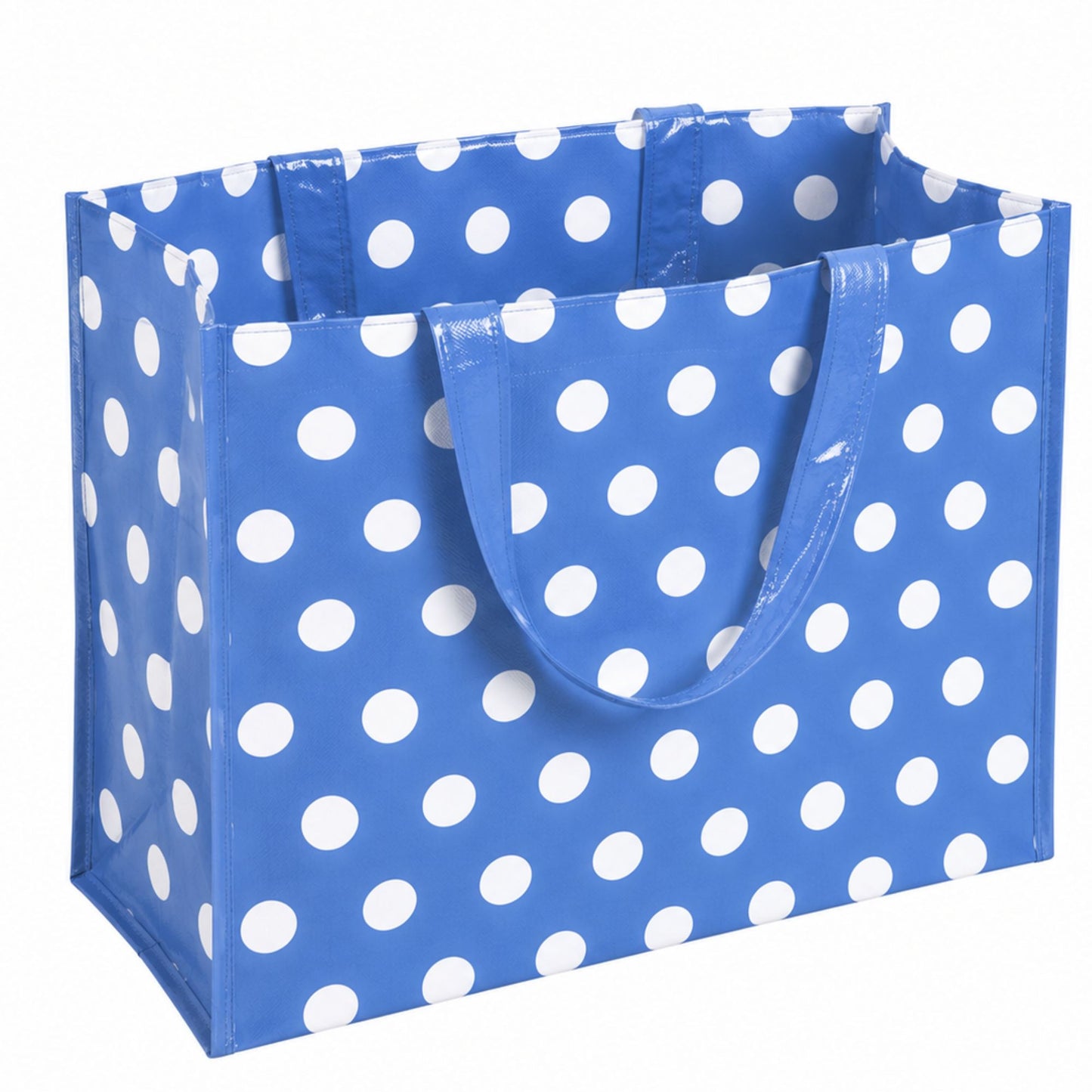Large reusable blue polka dot shopping tote bag with sturdy handles and spacious eco-friendly design