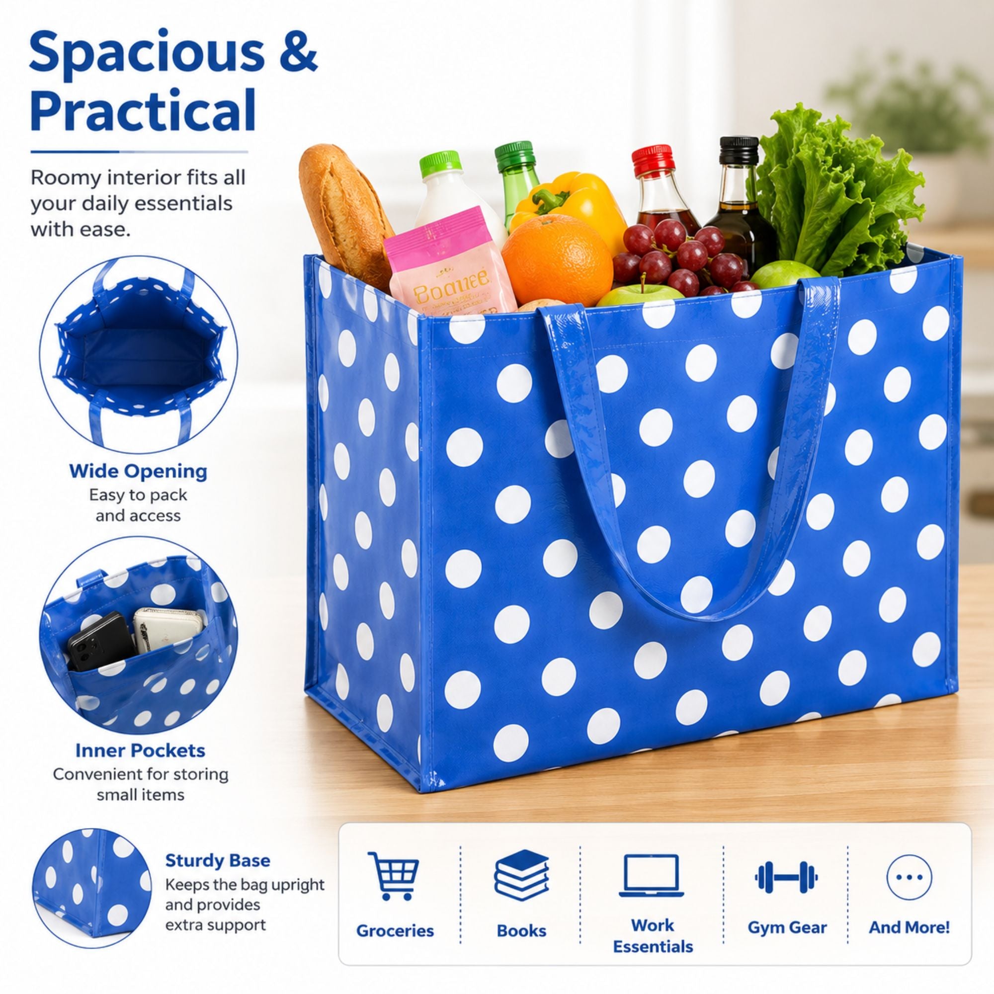 Large reusable  blue polka dot shopping tote bags with sturdy handles and spacious eco-friendly design