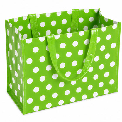 Large reusable green polka dot shopping tote bag with sturdy handles and spacious eco-friendly design