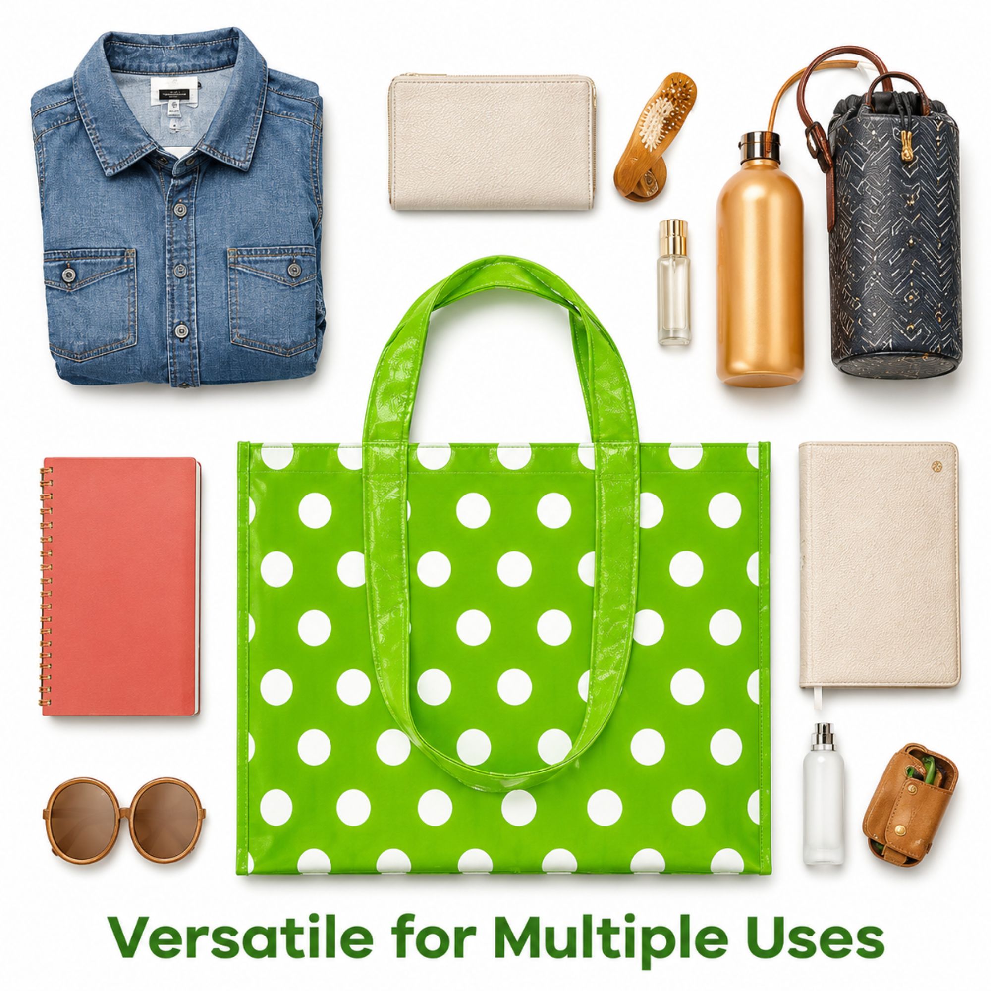 Large reusable green polka dot shopping tote bag with sturdy handles and spacious eco-friendly design