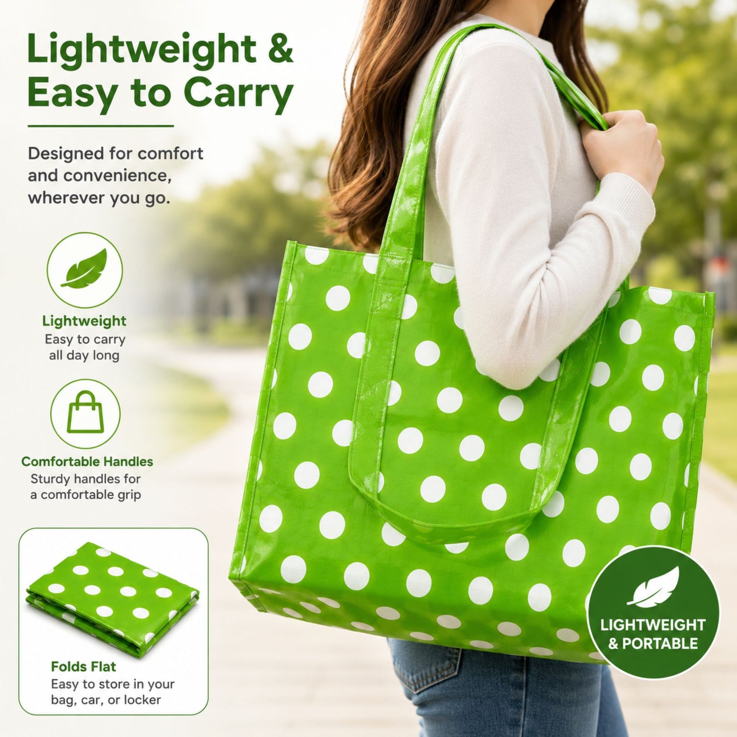 Large reusable green polka dot shopping tote bag with sturdy handles and spacious eco-friendly design
