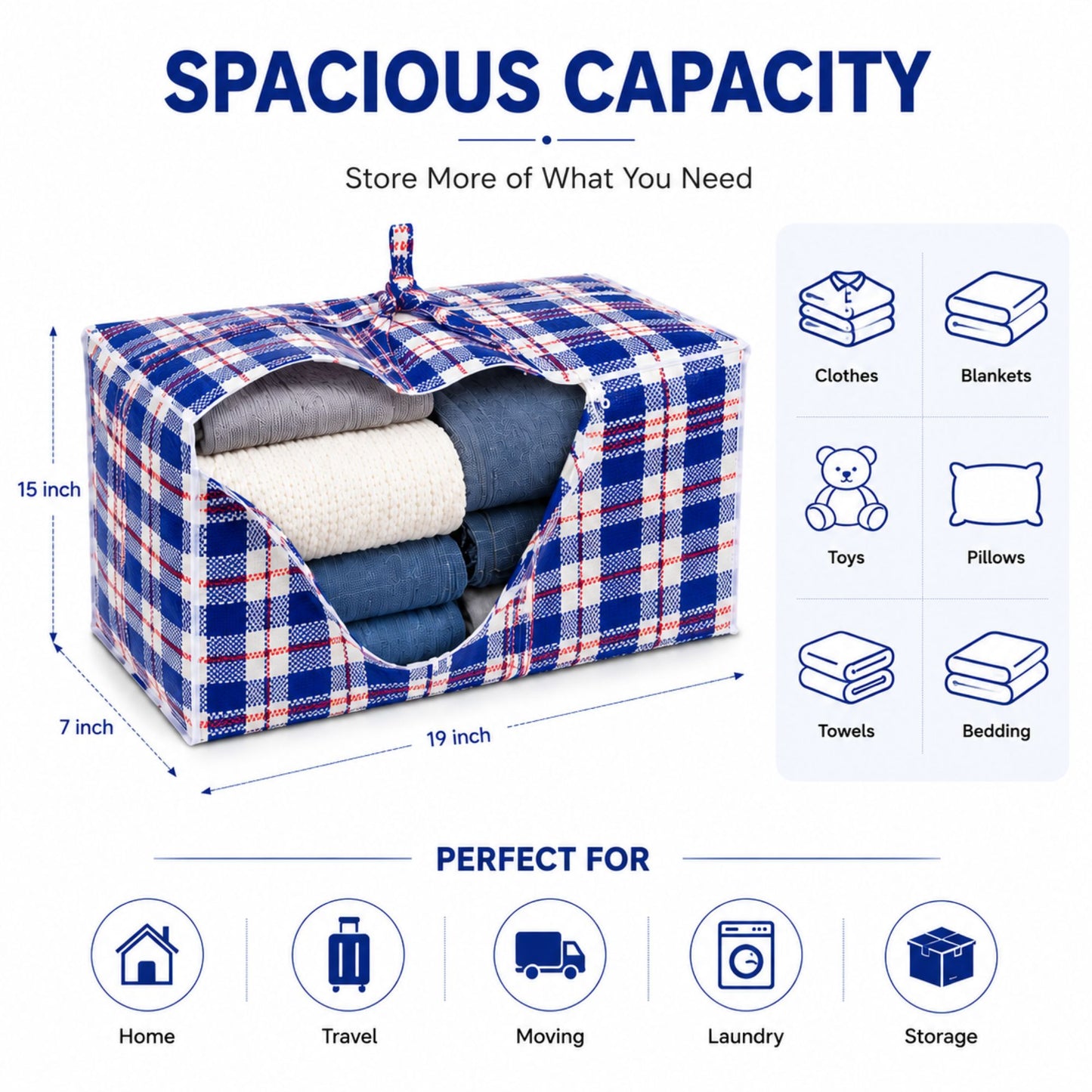 23x21x8 inch plaid zipper storage bag with reinforced handles and heavy duty reusable design