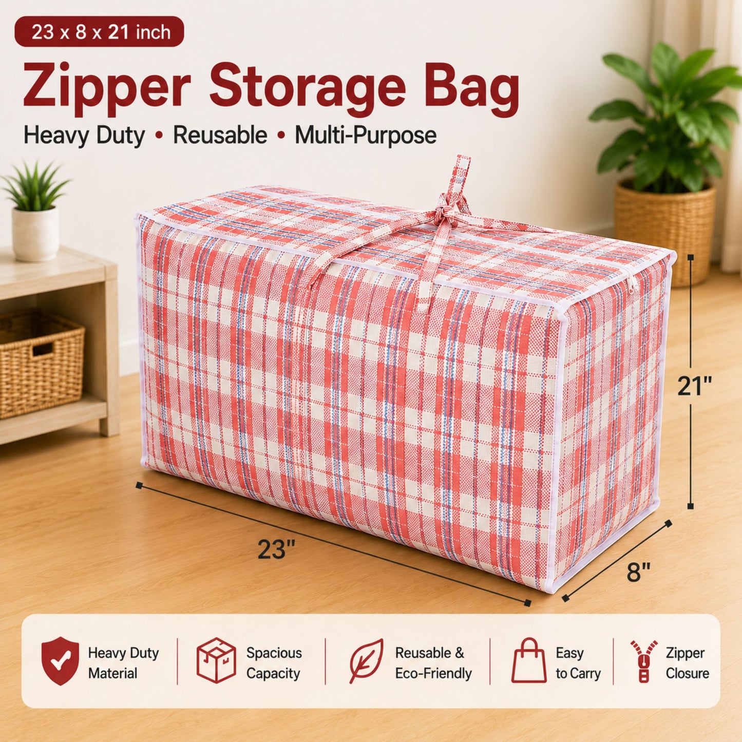23x21x8 inch plaid zipper storage bag with reinforced handles and heavy duty reusable design