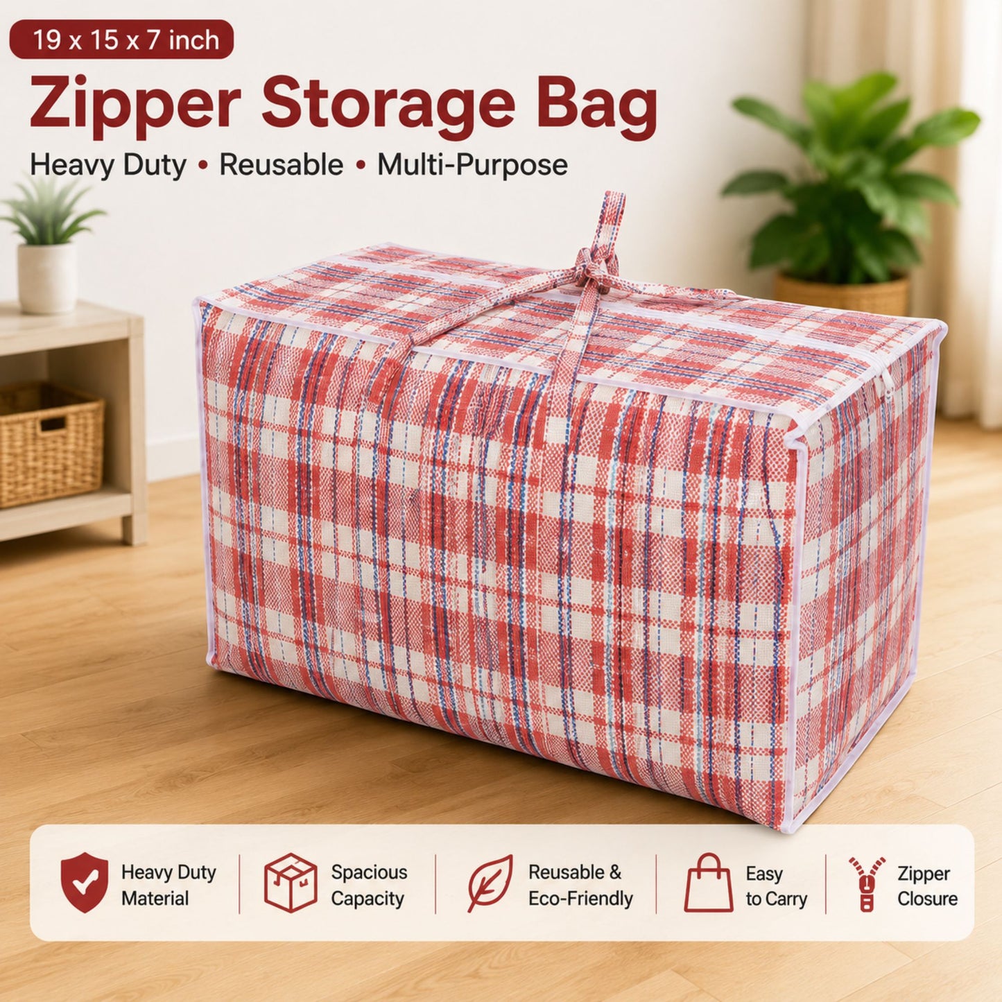 23x21x8 inch plaid zipper storage bag with reinforced handles and heavy duty reusable design