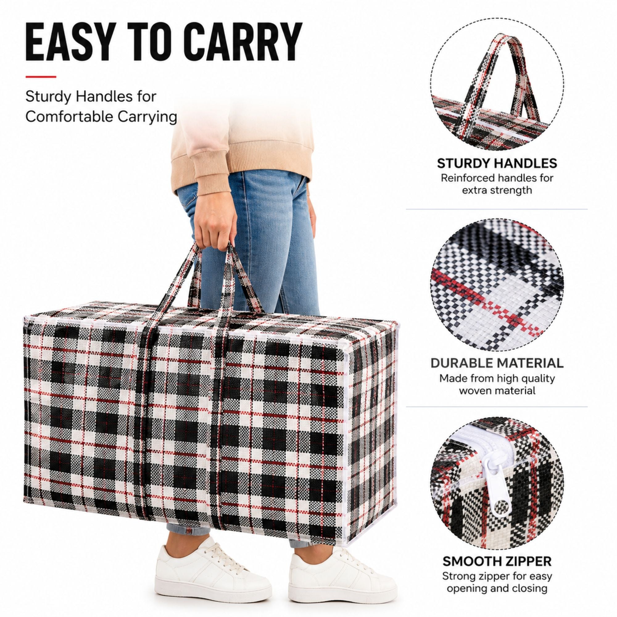 26x24x8.5 inch plaid zipper storage bag with reinforced handles and heavy duty reusable design