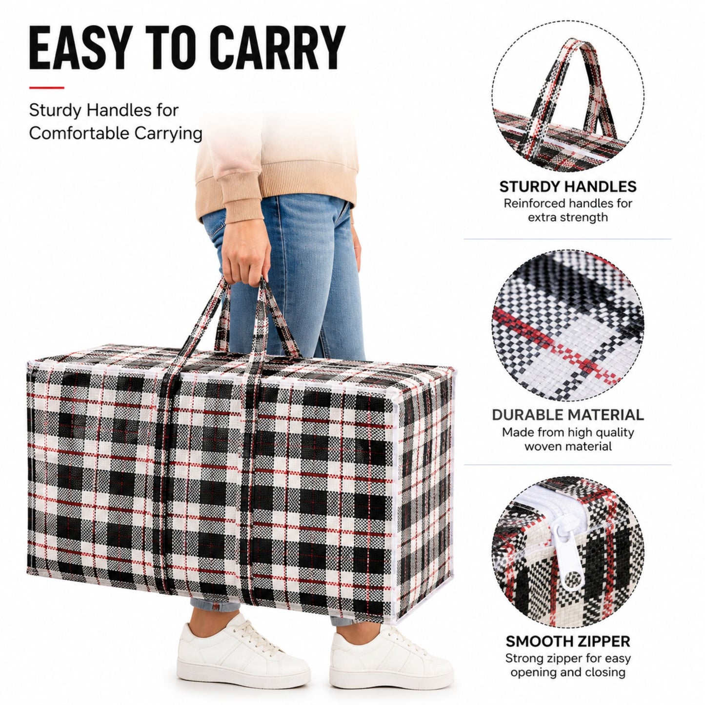 26x24x8.5 inch plaid zipper storage bag with reinforced handles and heavy duty reusable design