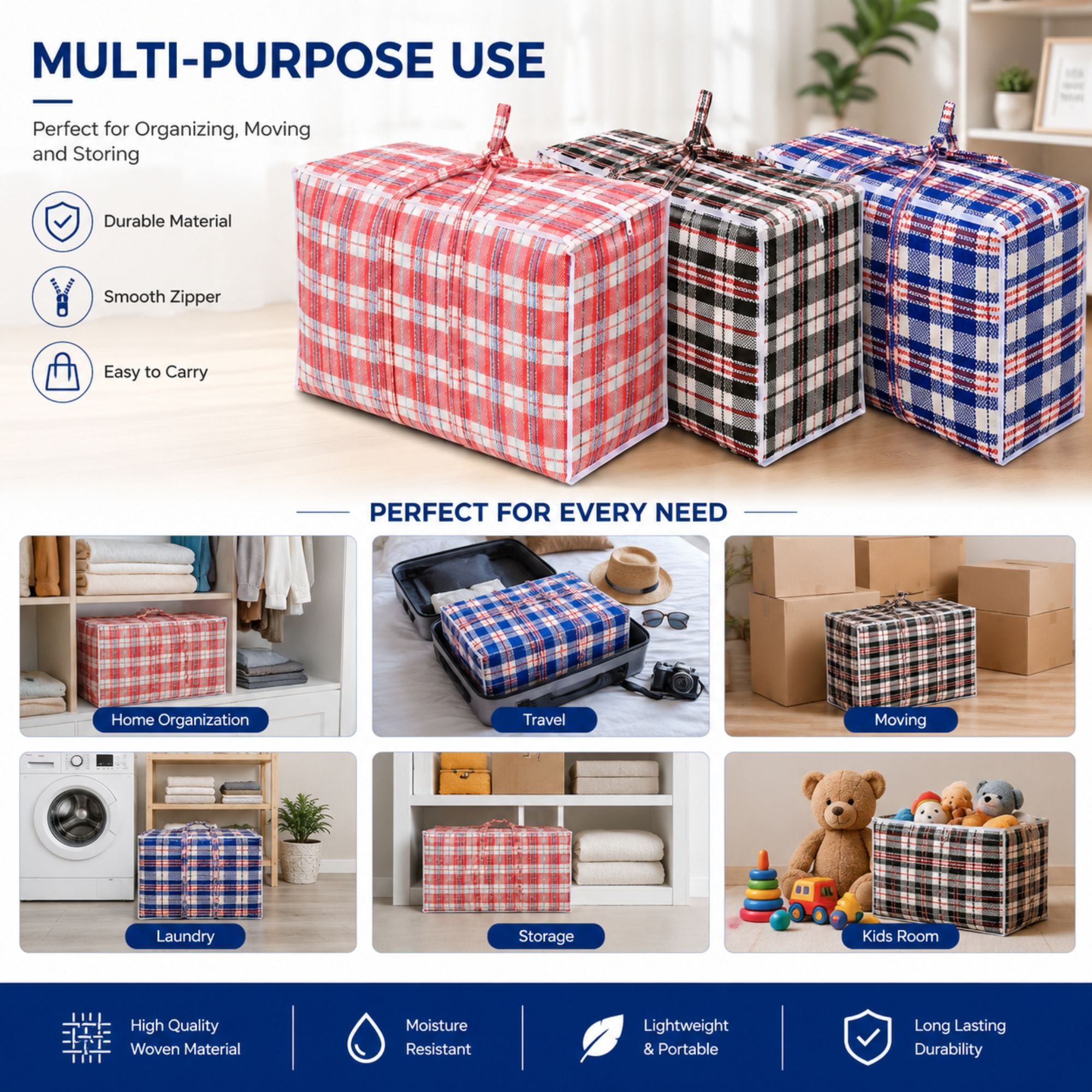 26x24x8.5 inch plaid zipper storage bag with reinforced handles and heavy duty reusable design