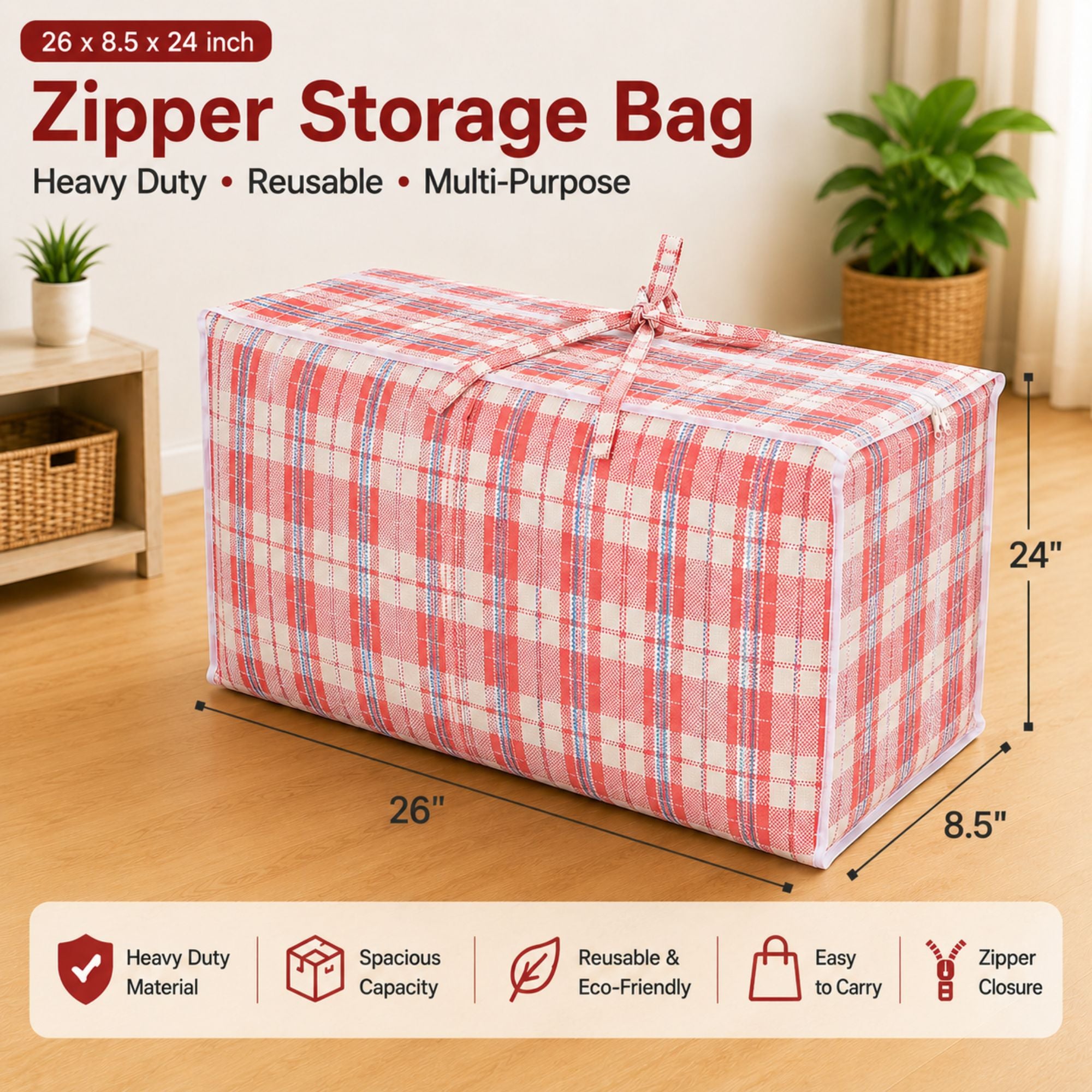 26x24x8.5 inch plaid zipper storage bag with reinforced handles and heavy duty reusable design