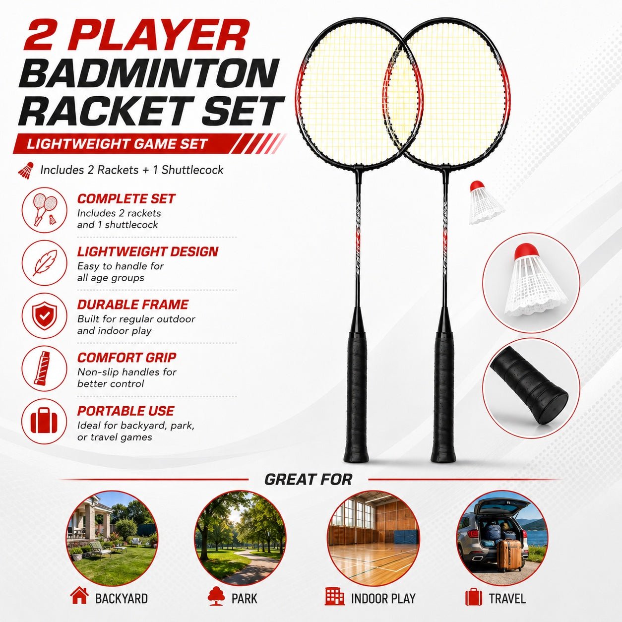 Badminton racket set with rackets and shuttlecock on a white background