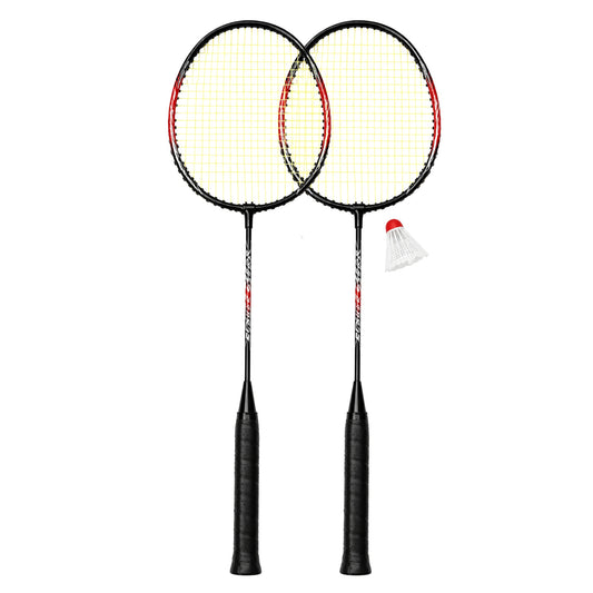 Two badminton rackets with a shuttlecock on a white background