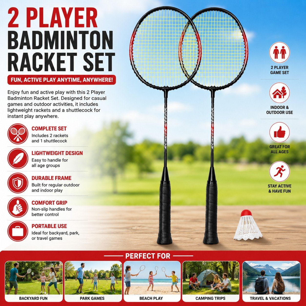 Badminton racket set with features and uses on a scenic background