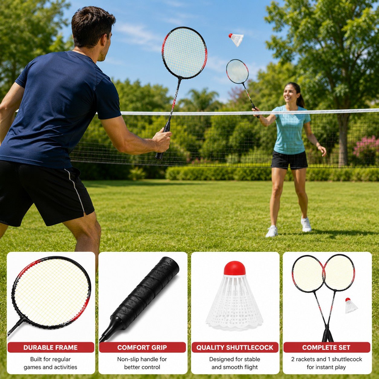 Two people playing badminton outdoors with badminton equipment displayed below.