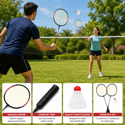 Two people playing badminton outdoors with badminton equipment displayed below.