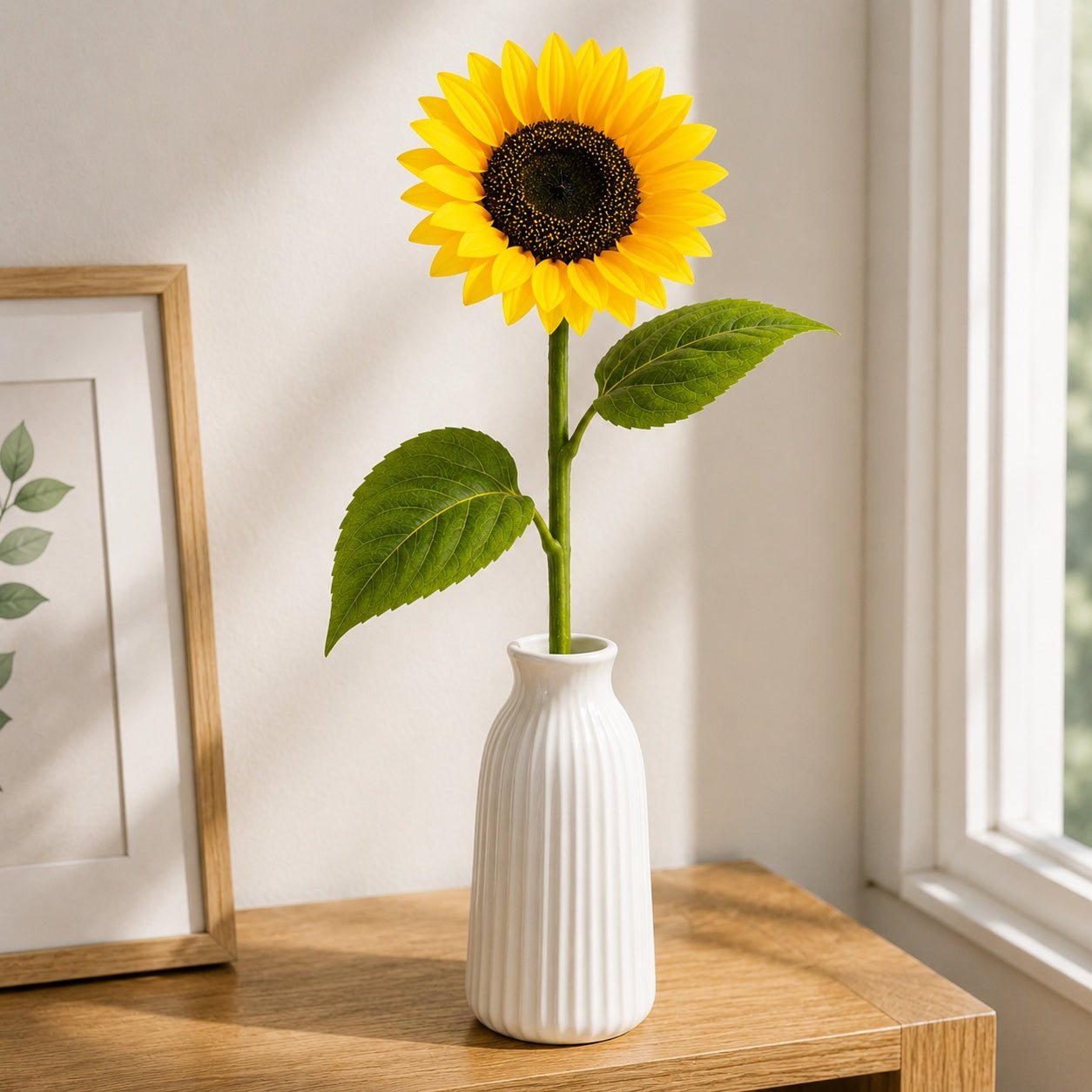 Sunflower in a white vase on a wooden table with a light background