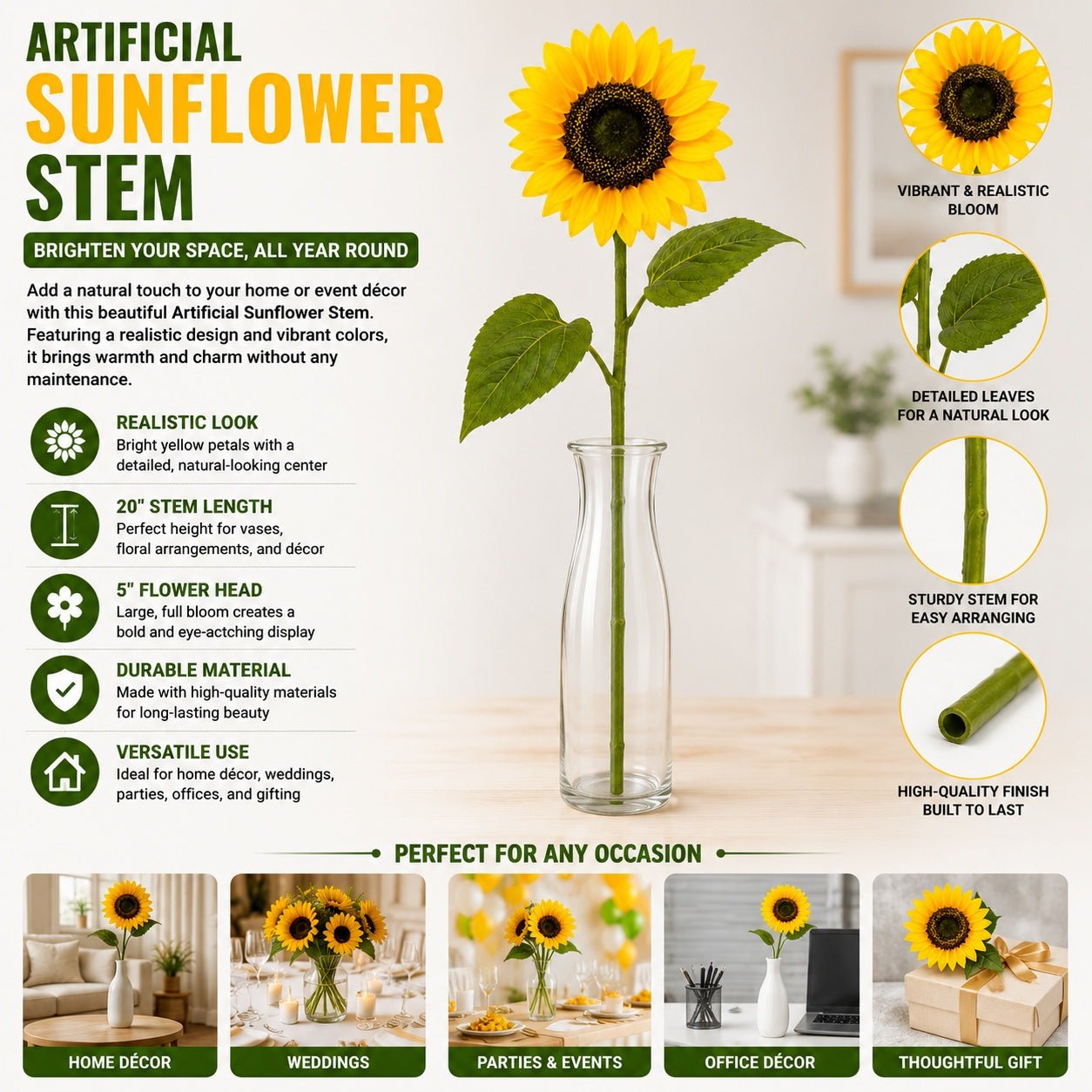 Sunflower stem product description with images of sunflowers in various settings.