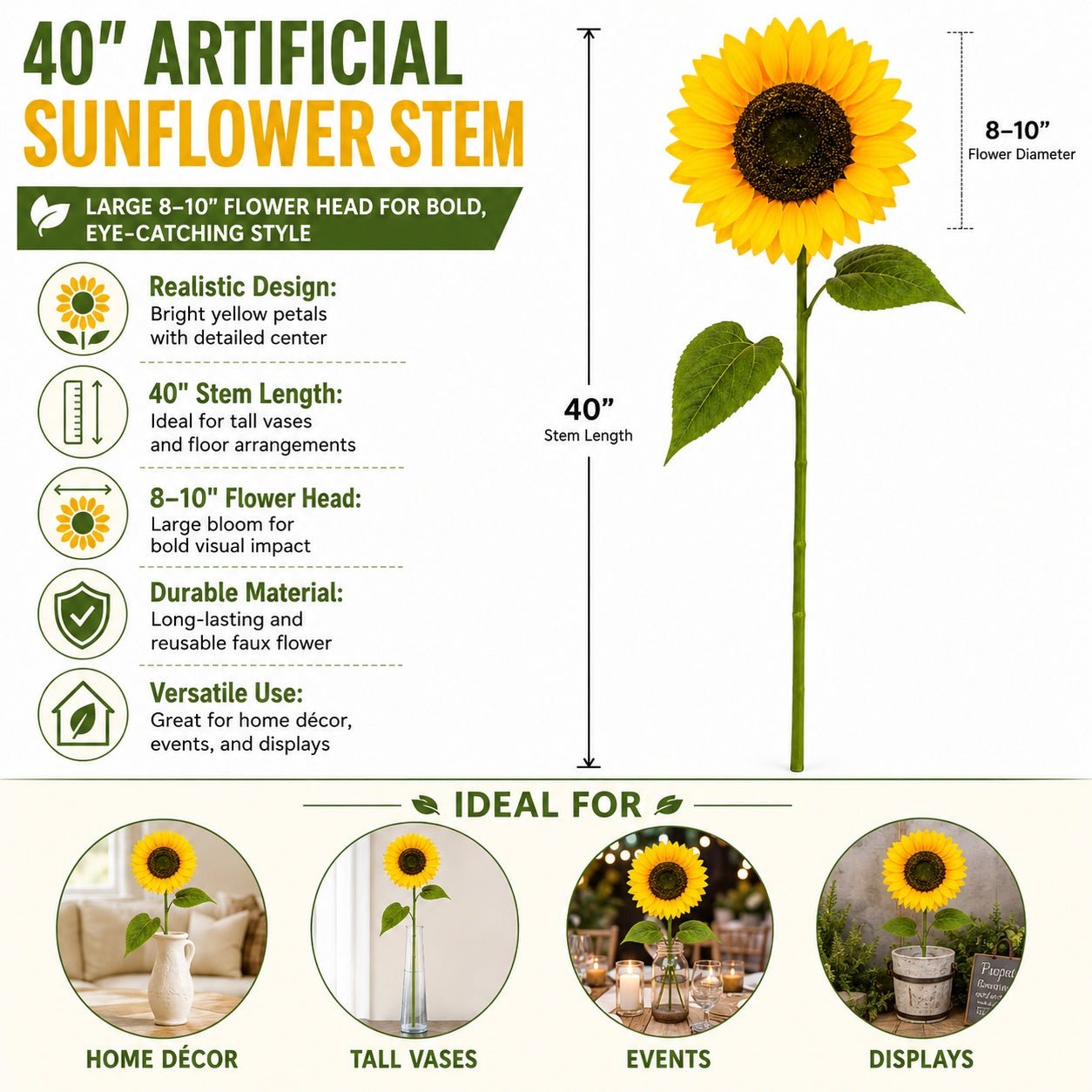 40-inch artificial sunflower stem with features and uses on a white background
