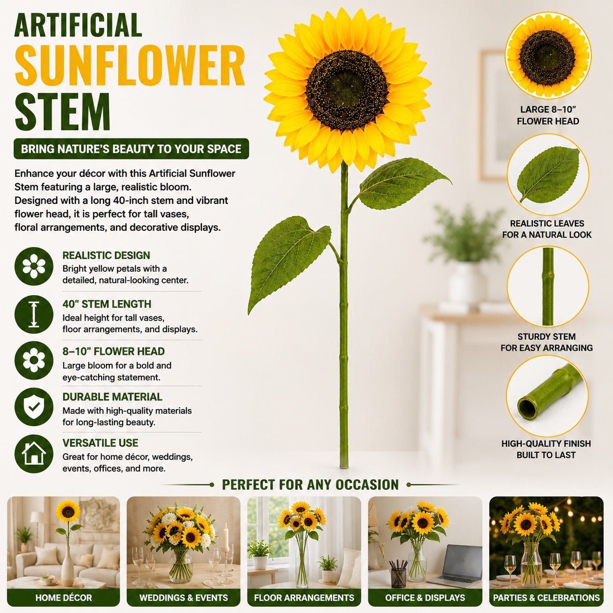 Artificial sunflower stem with detailed features and usage scenarios.