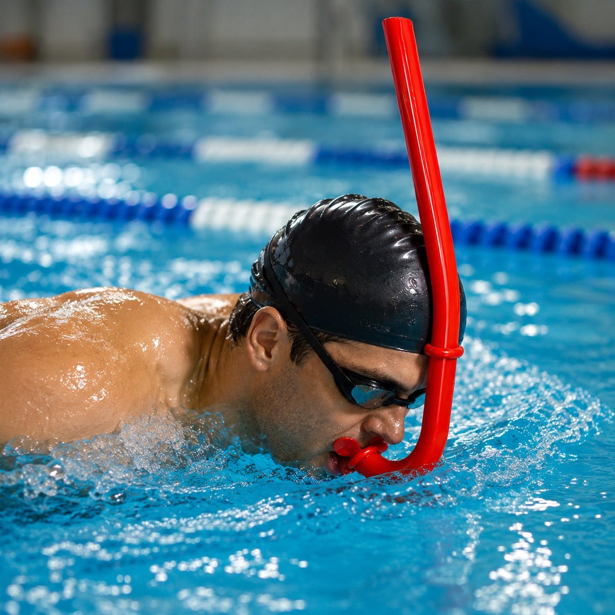 Person swimming in a pool with a red snorkel and swim cap.