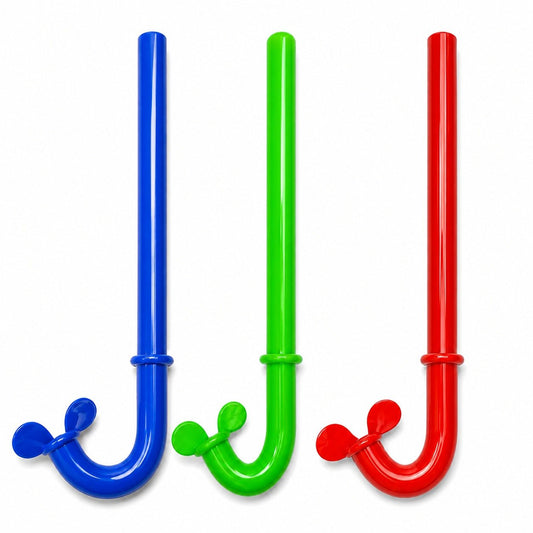 Three colorful plastic straws in blue, green, and red on a white background