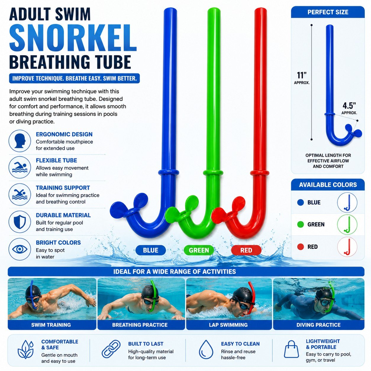 Swim snorkel breathing tube with color options and features on a blue background