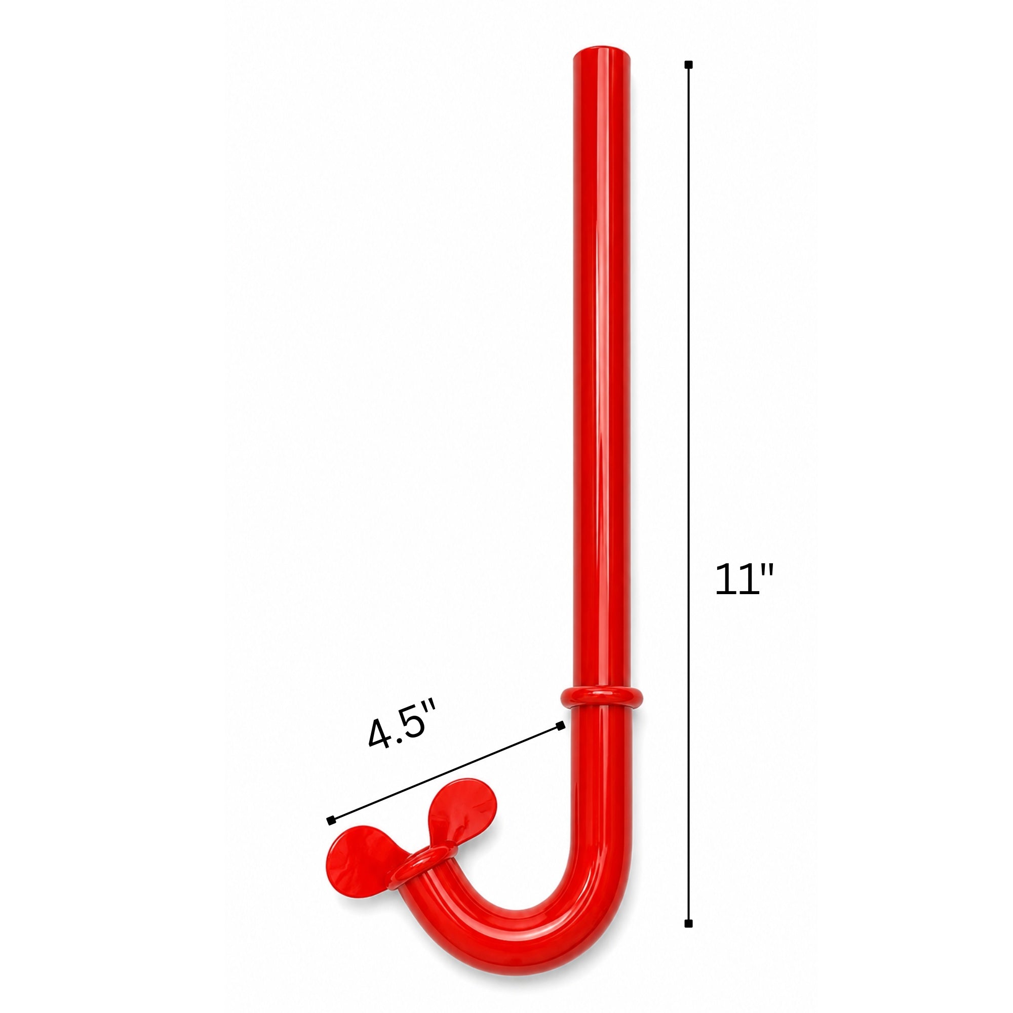 Red U-shaped metal hook with dimensions on a white background