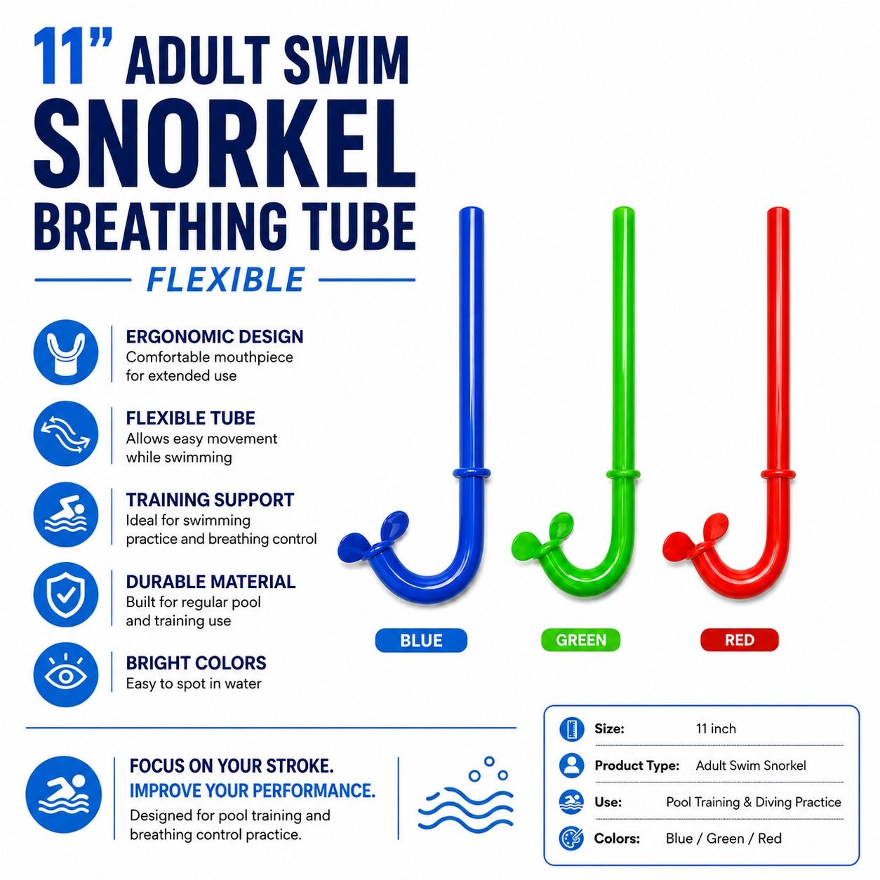 11-inch adult swim snorkel breathing tube with blue, green, and red options on a white background.
