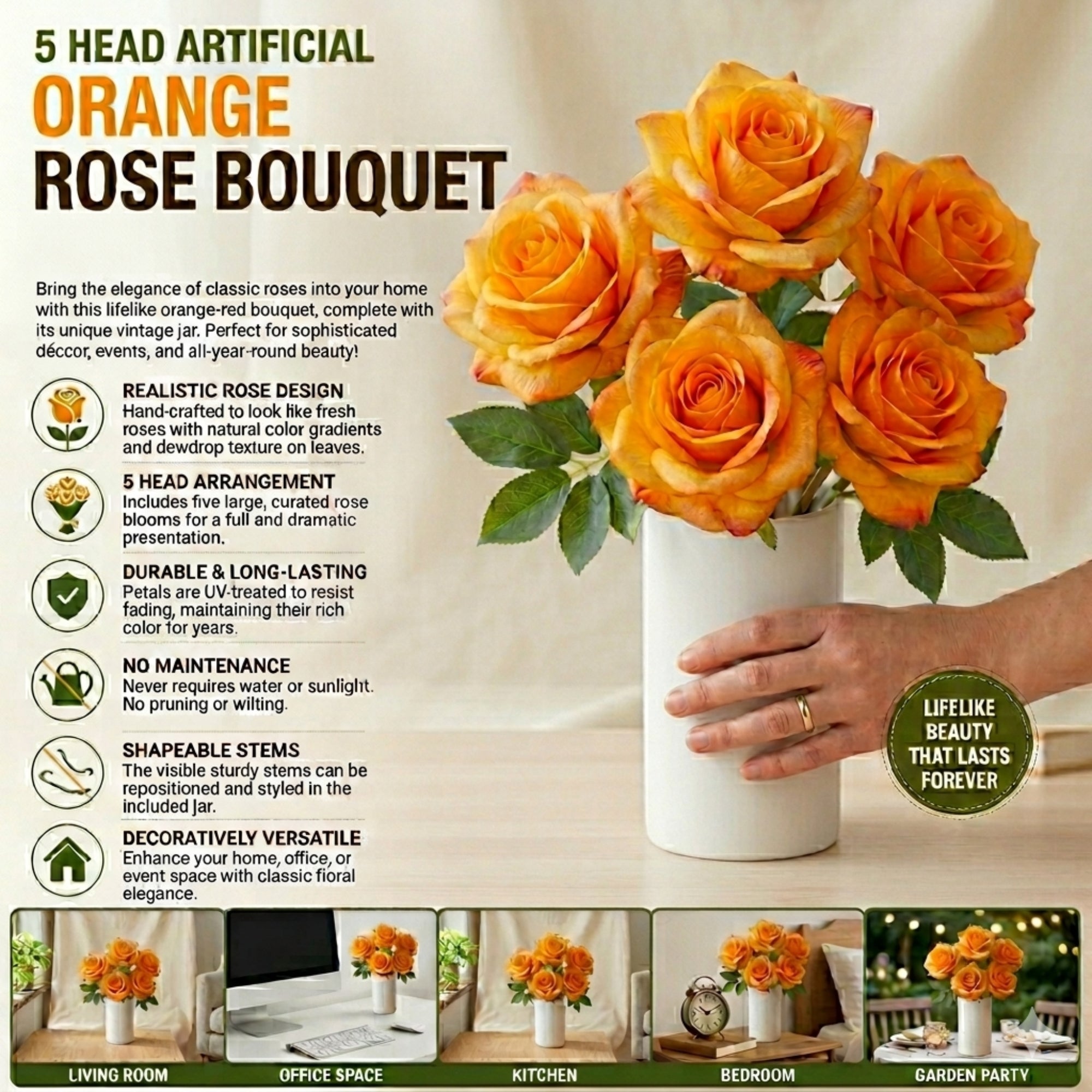 5 Head Artificial Orange Rose Bouquet Faux Flowers Home Decor