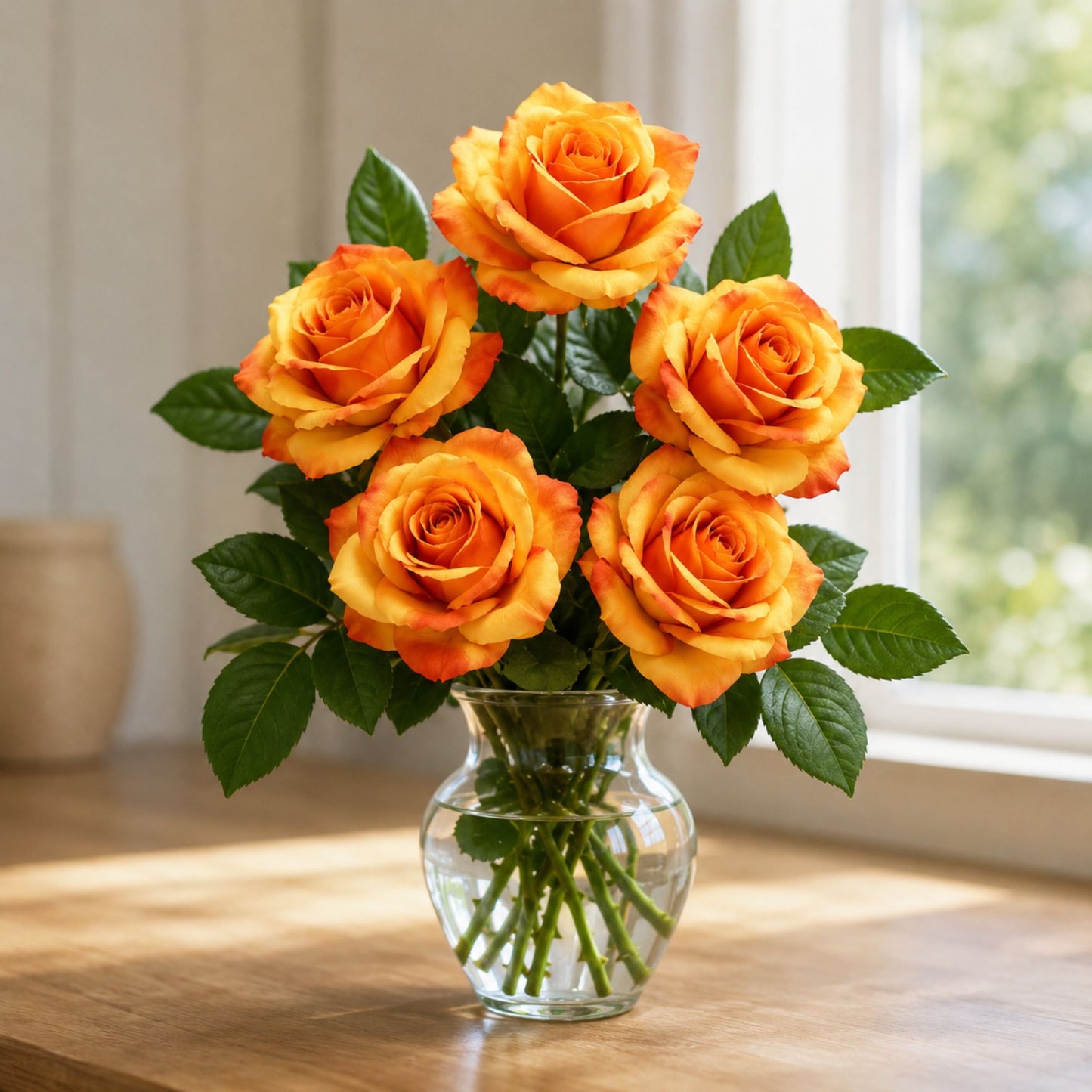 5 Head Artificial Orange Rose Bouquet Faux Flowers Home Decor