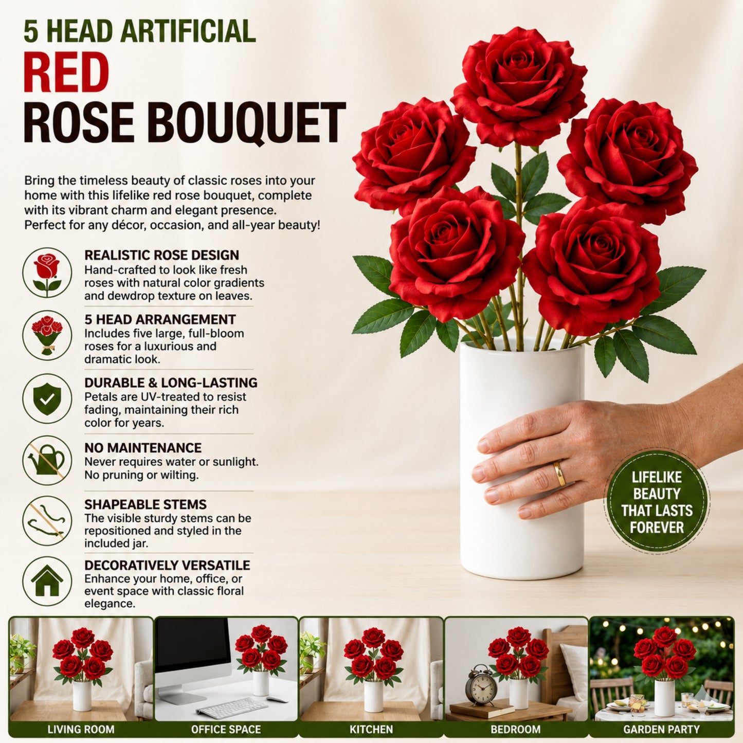 5 Head Artificial Red Rose Bouquet Flowers Home Decor