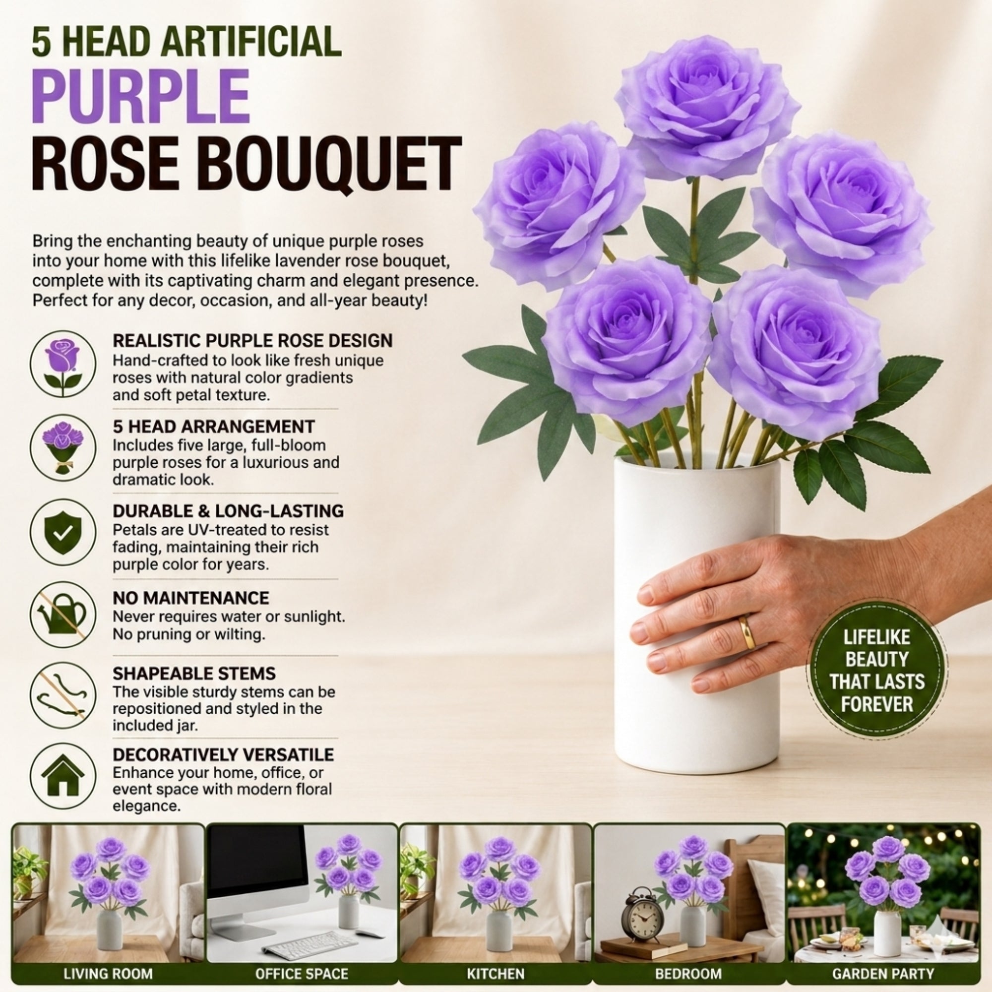 5 Head Artificial Purple Rose Bouquet