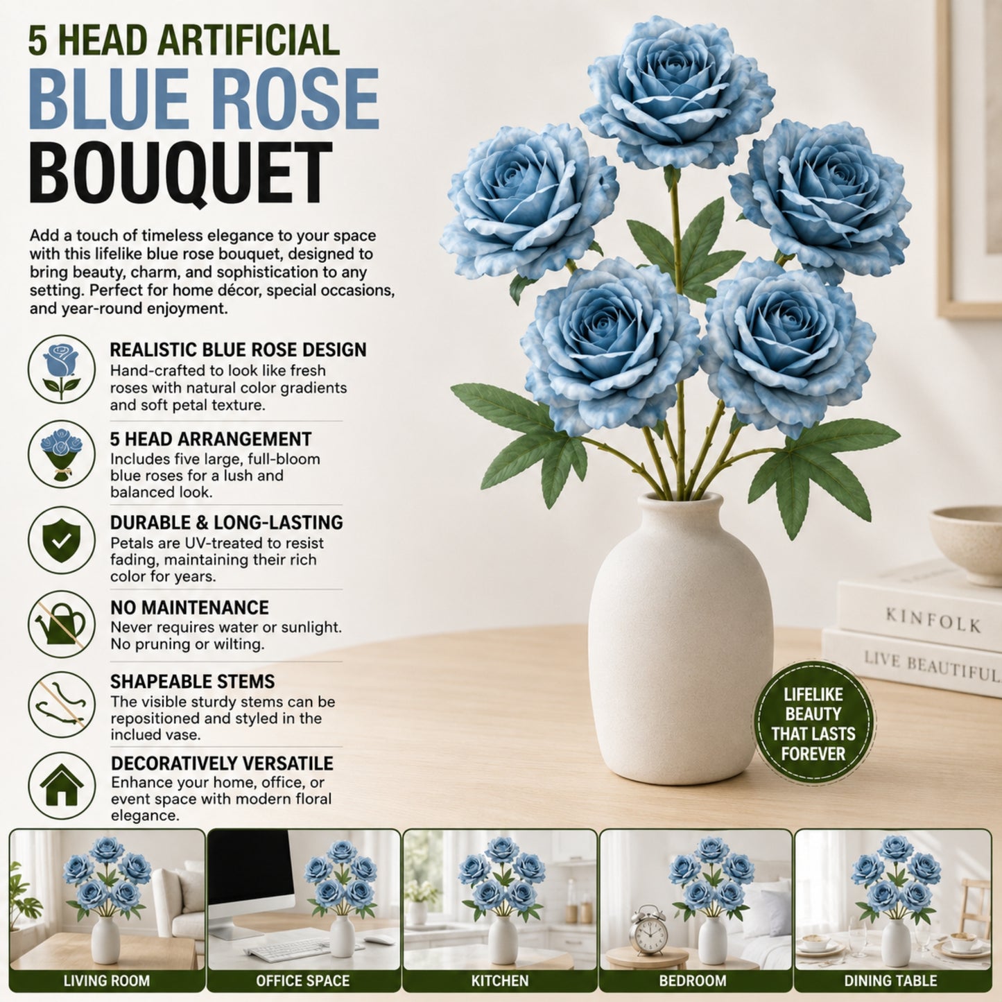5 Head Artificial Blue Rose Bouquet