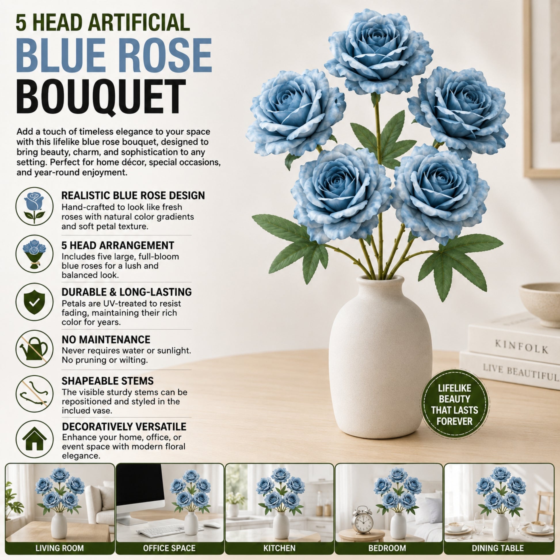 5 Head Artificial Blue Rose Bouquet