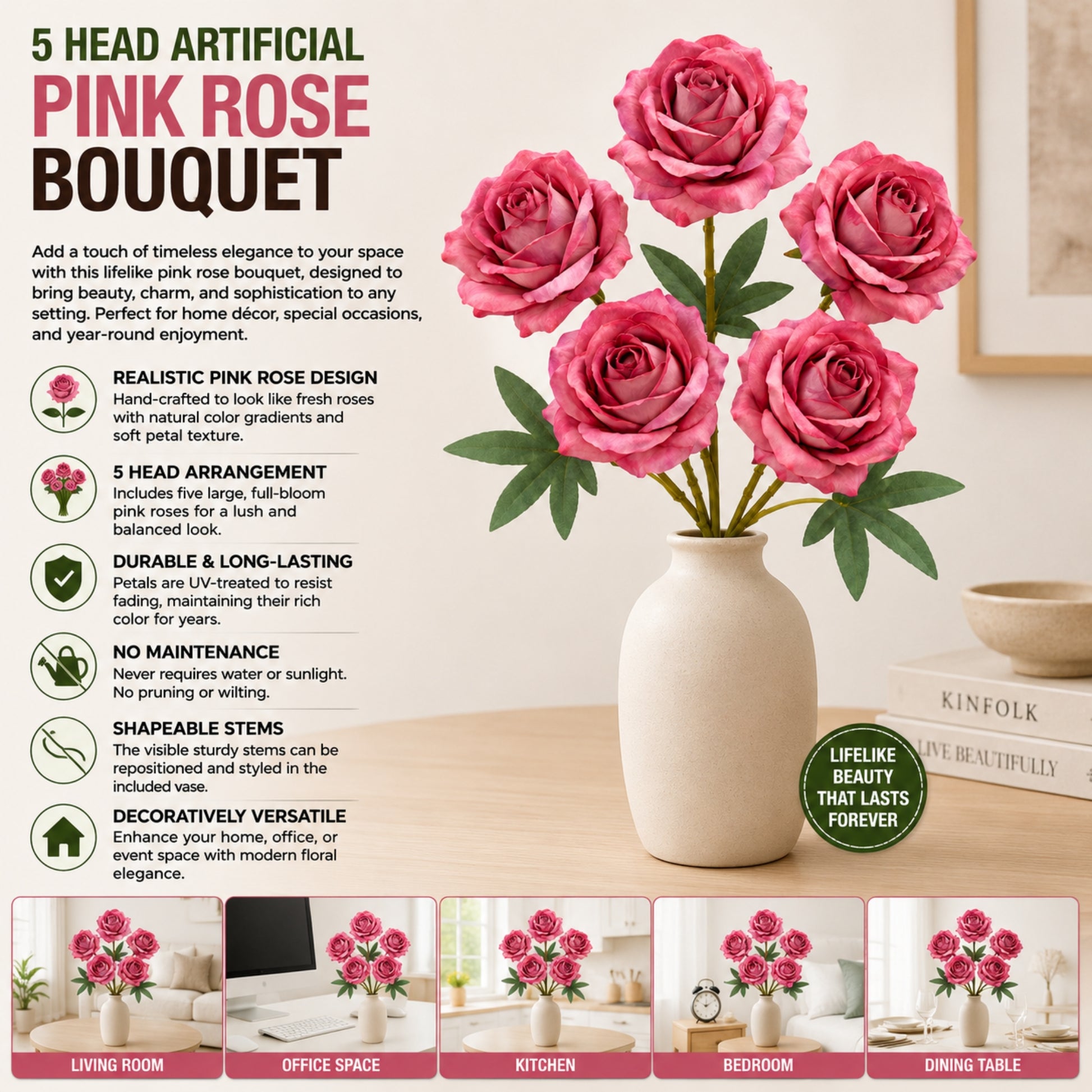 5 Head Artificial Pink Rose Bouquet