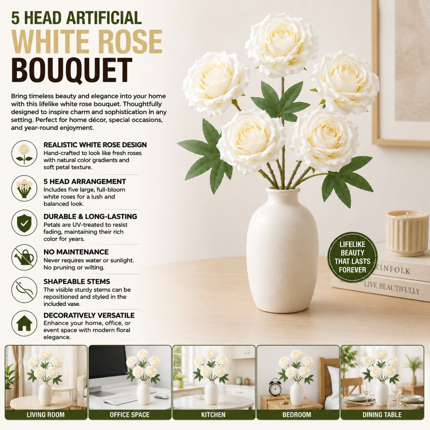 5 Head Artificial White Rose Bouquet