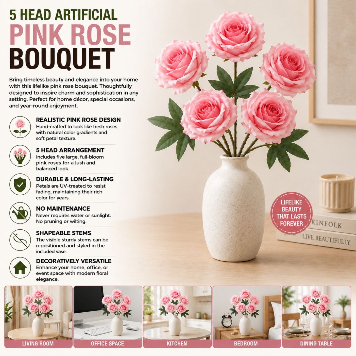 5 Head Artificial Light Pink Rose Bouquet