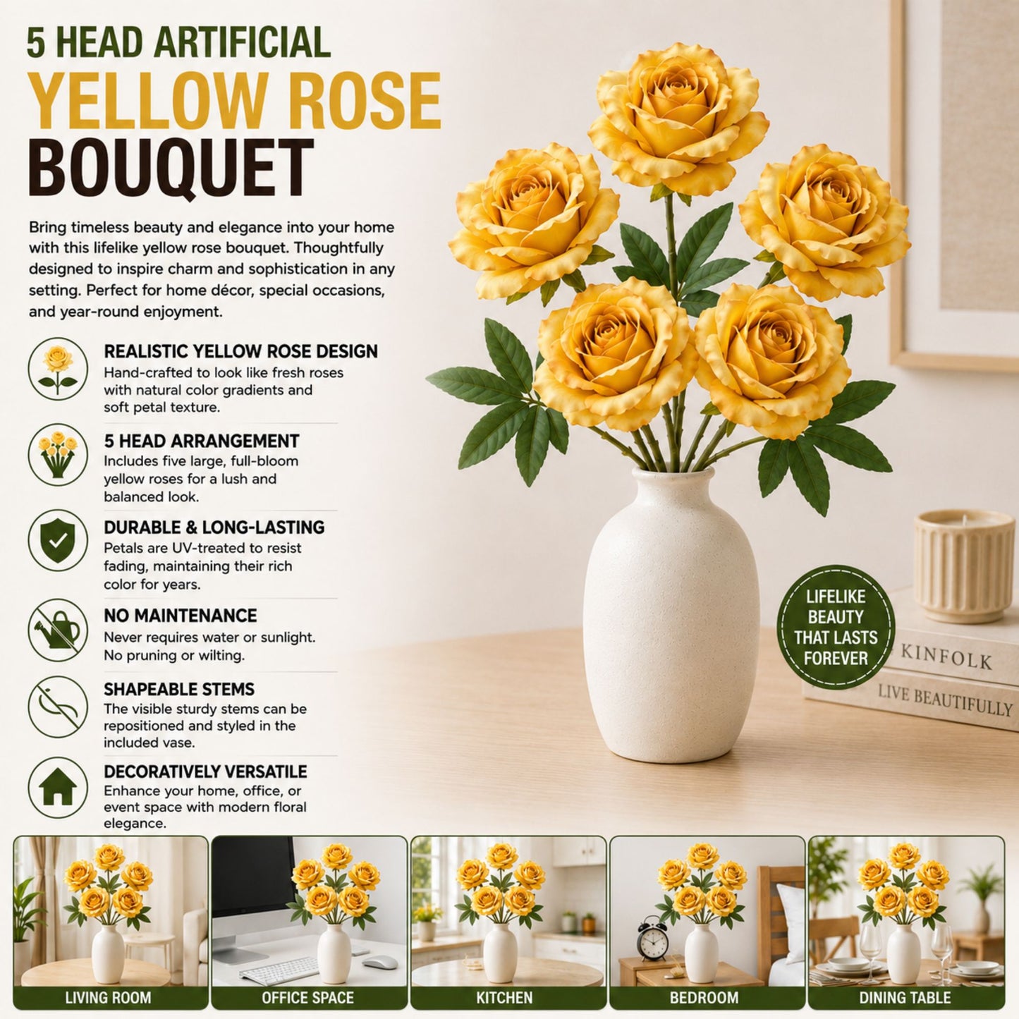 5 Head Artificial Yellow Rose Bouquet