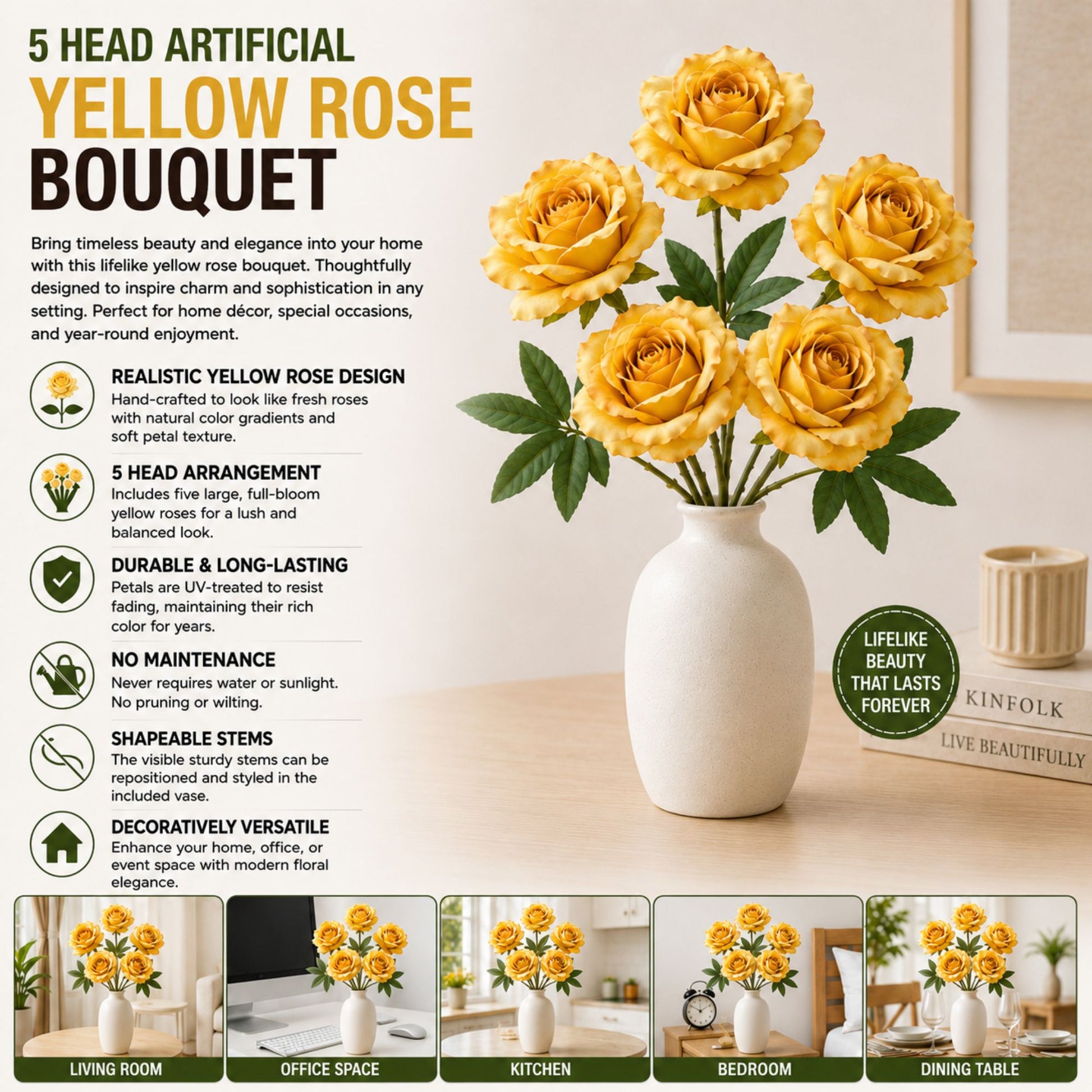 5 Head Artificial Yellow Rose Bouquet