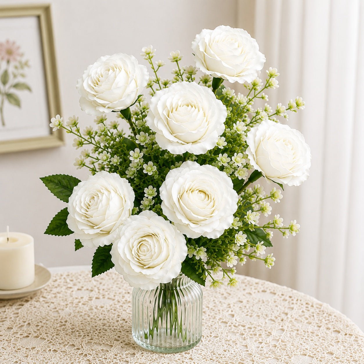 fake white roses home decor arrangement
